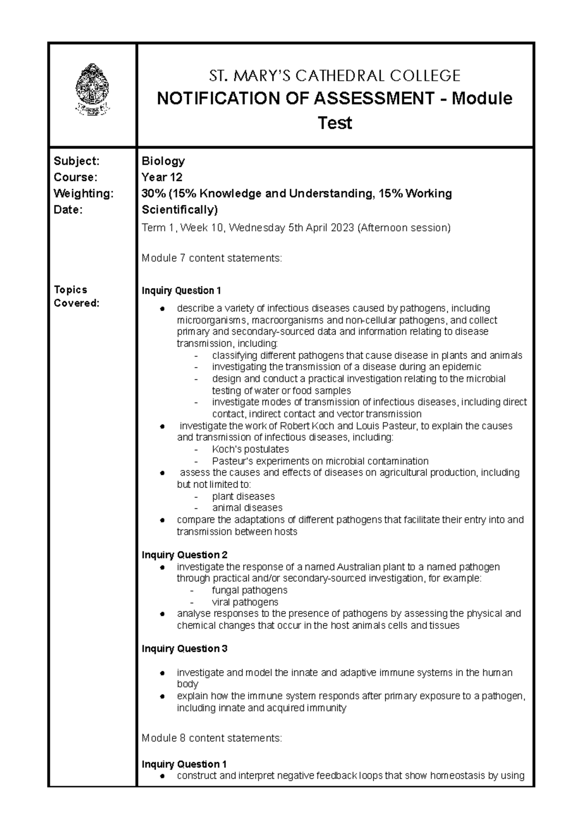 Biology Year 12 Module Test Notification - Term 1 Assessment Details ...