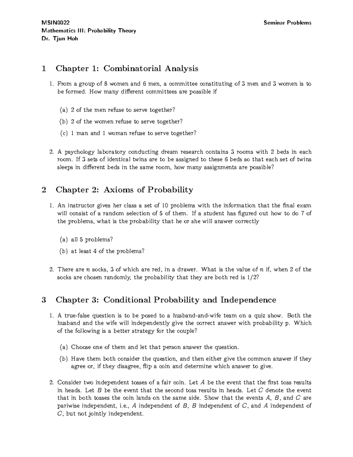 MSIN0022 Seminar 1: Problems in Probability Theory and Combinatorics ...