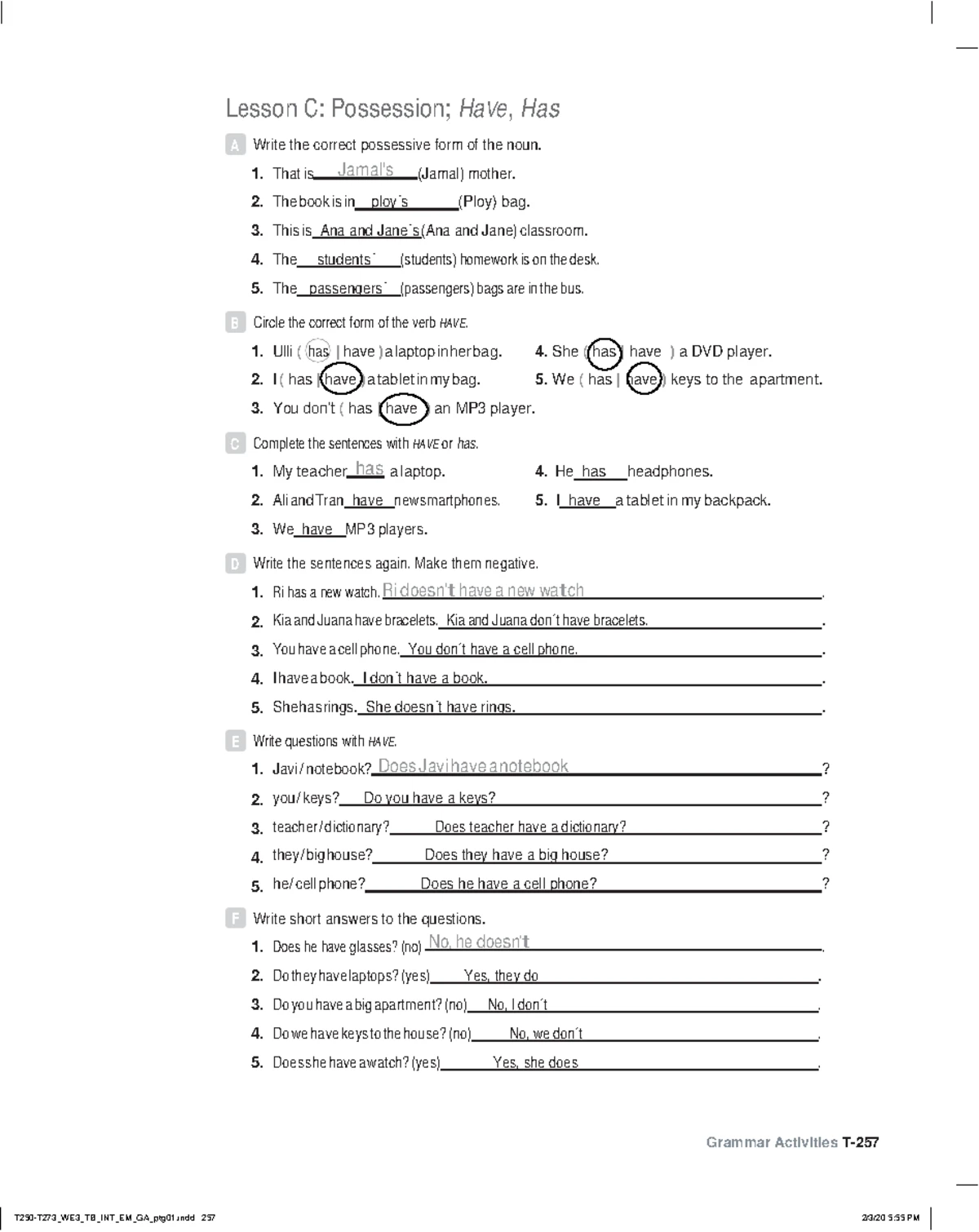 World english 3e level intro grammar activities unit 2 lesson c ...