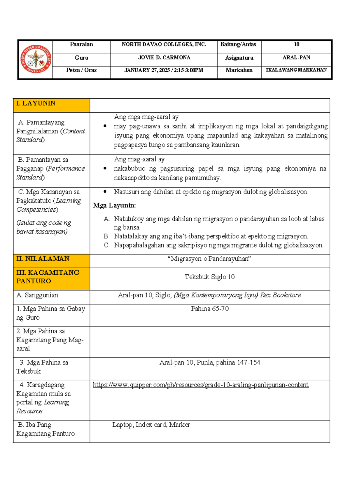 Lesson-PLAN- Aralpan-10- Circinus 22 - I. LAYUNIN A. Pamantayang ...