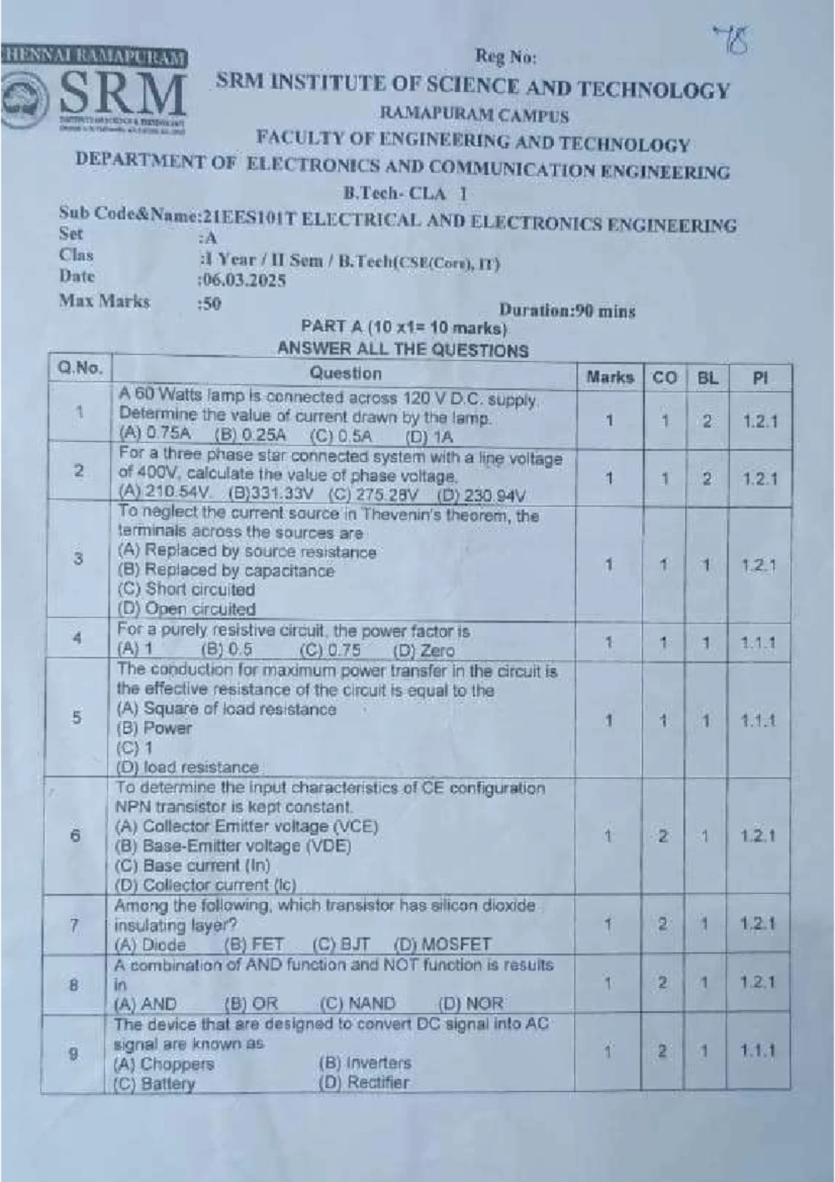 21EES101T Electrical and Electronics Engineering Final Exam Questions ...