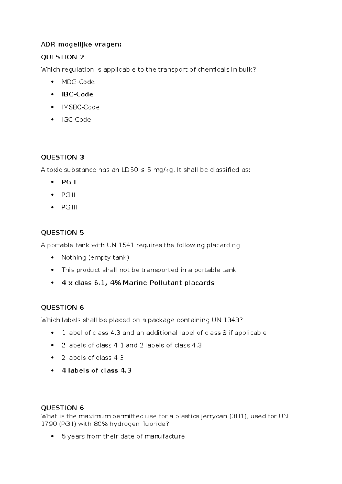 ADR Exam Questions and Answers: Transport of Chemicals and Safety ...