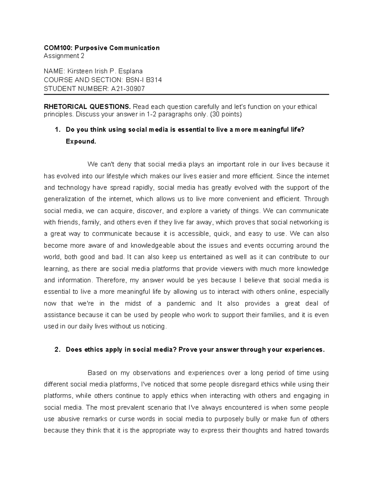 Rhetorical Questions on Social Media Ethics - COM100 Assignment 2 - Studocu