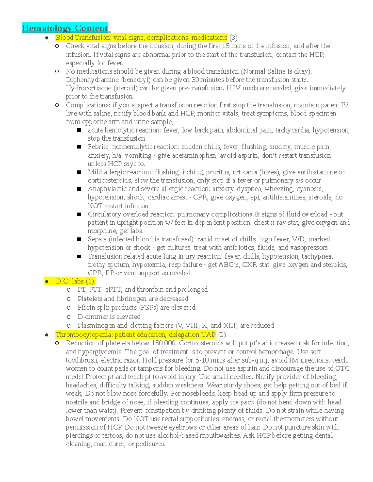 Med Surg Nsg Final Exam Notes: Key Concepts in Hematology & GI - Studocu