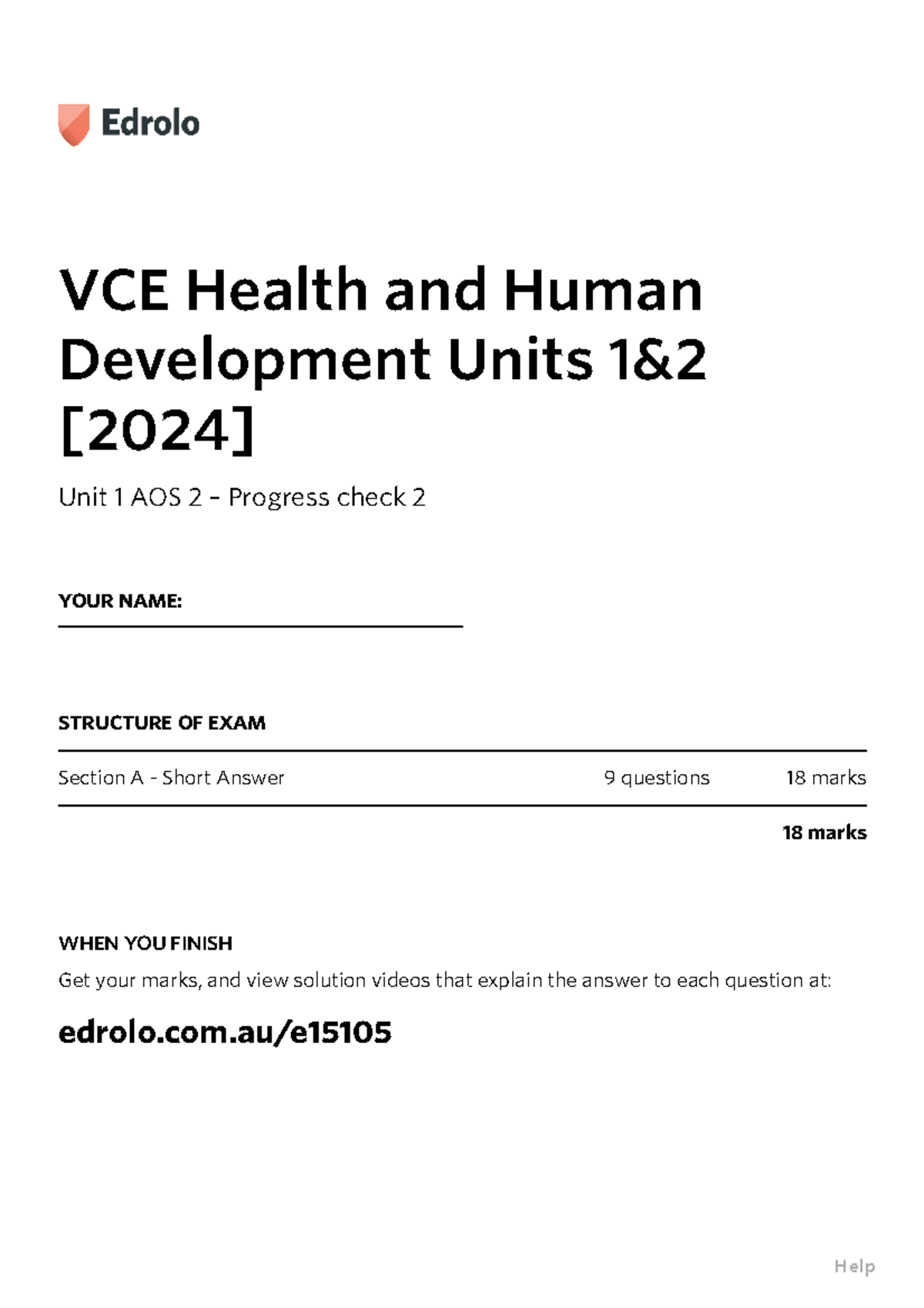 VCE Health & Human Development Unit 1 AOS 2 Progress Check 2 - Studocu