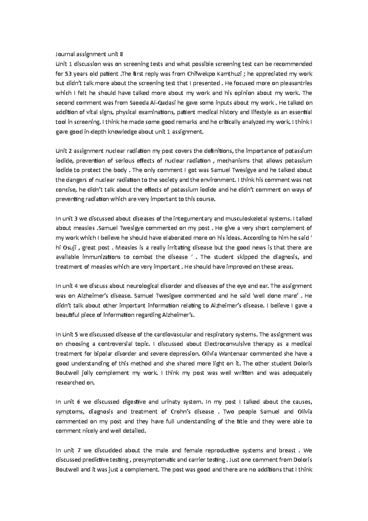 Journal assignment unit 8 human disease - Journal assignment unit 8 ...