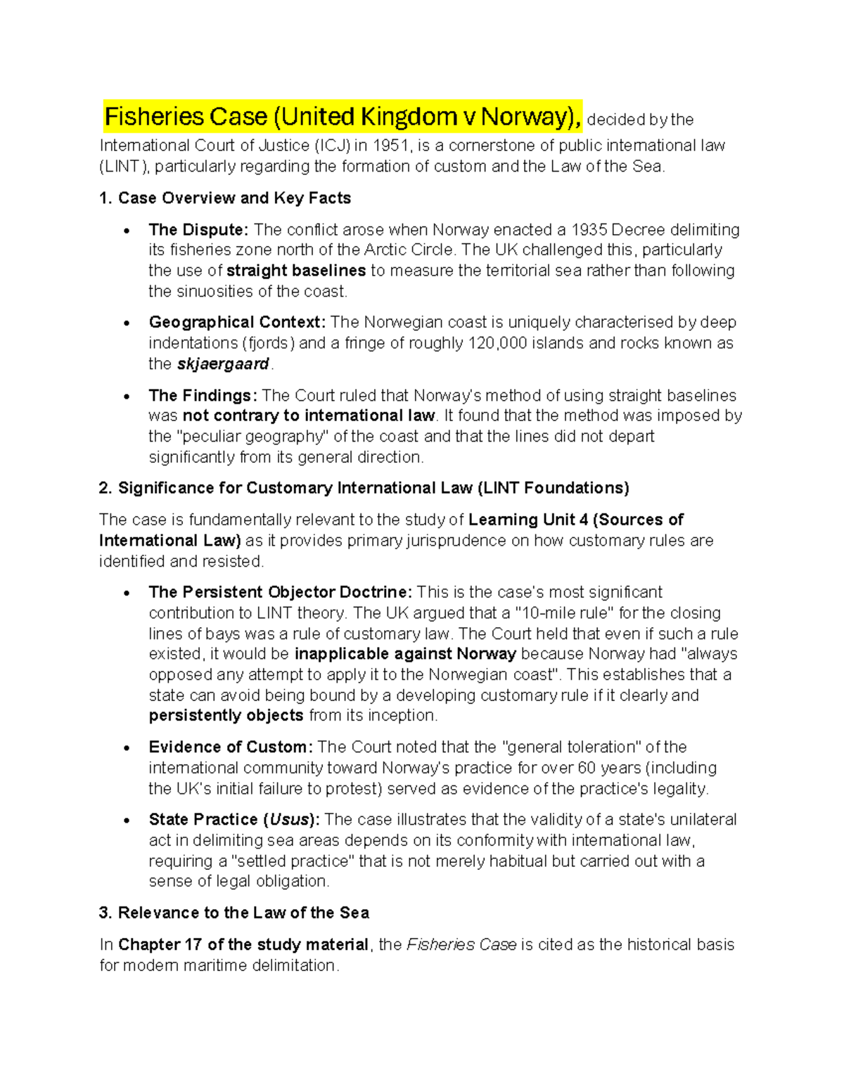 LINT4813 Unit 3 Case Summaries: Fisheries, Asylum, and North Sea Cases ...