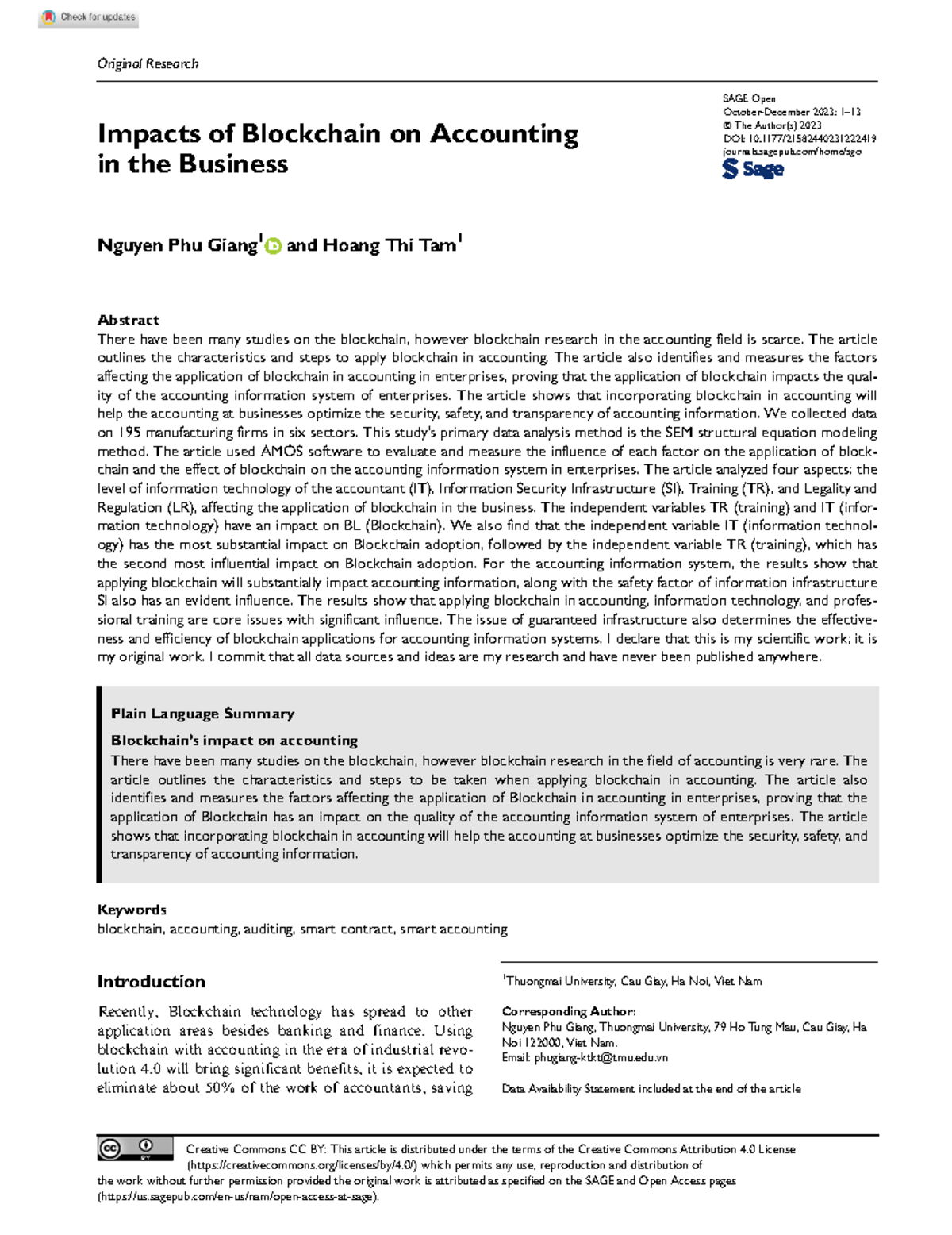 Impacts of Blockchain on Accounting in Business: A Study by Giang & Tam ...