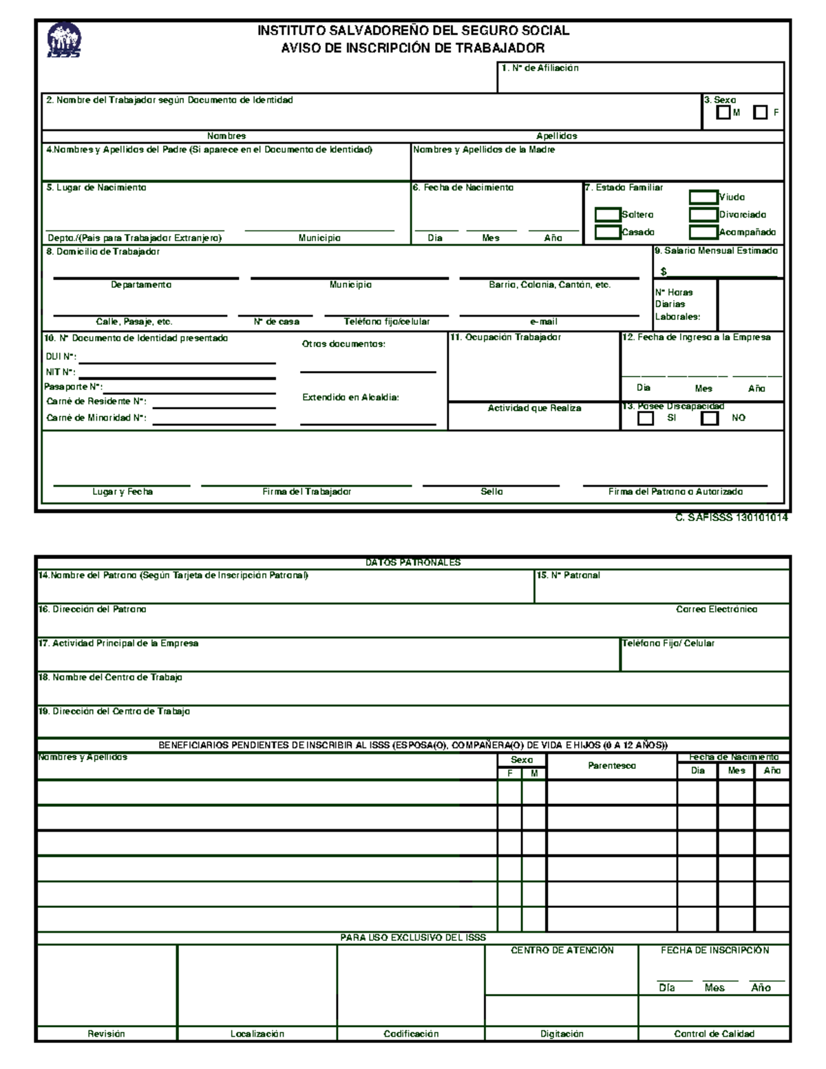ISSS Enrollment Document - Inscripción del ISSS (C. SAFISSS 130101014 ...