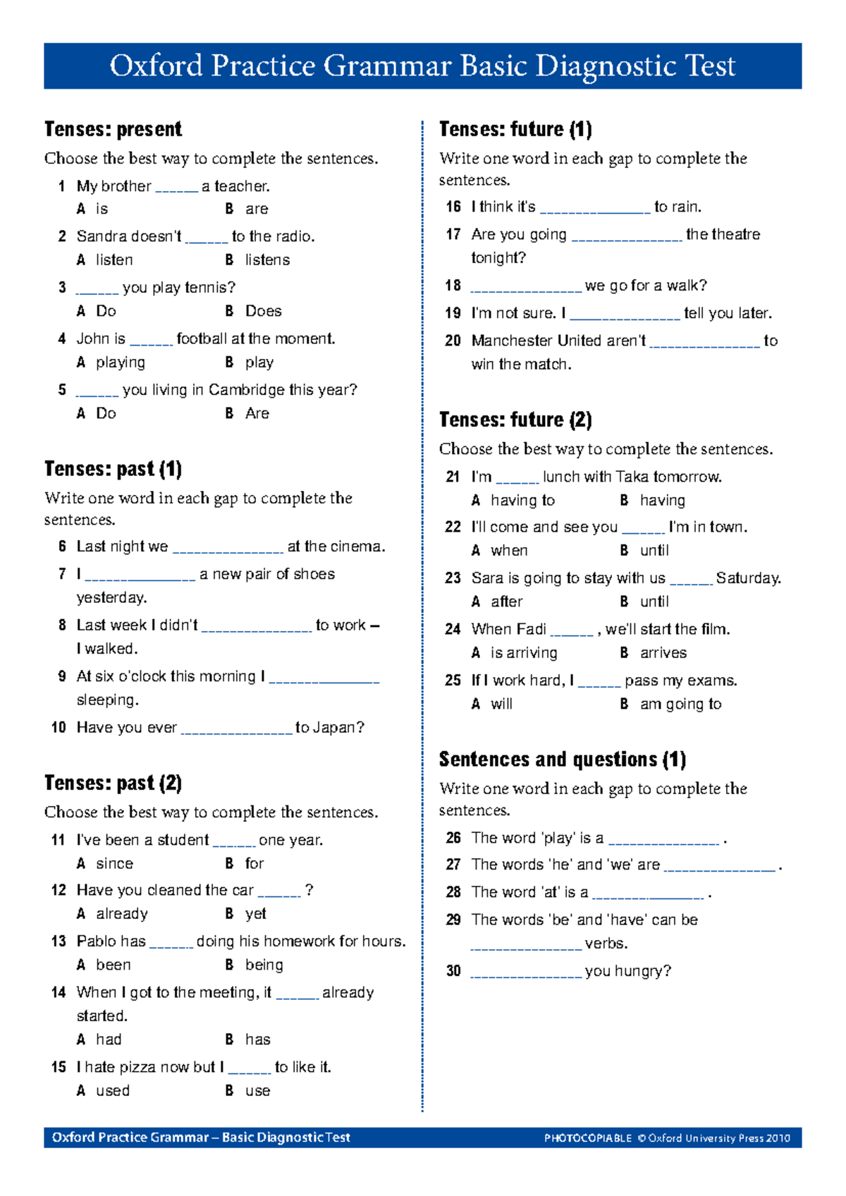 Oxford Practice Grammar Basic Diagnostic Test: Tenses and More - Studocu