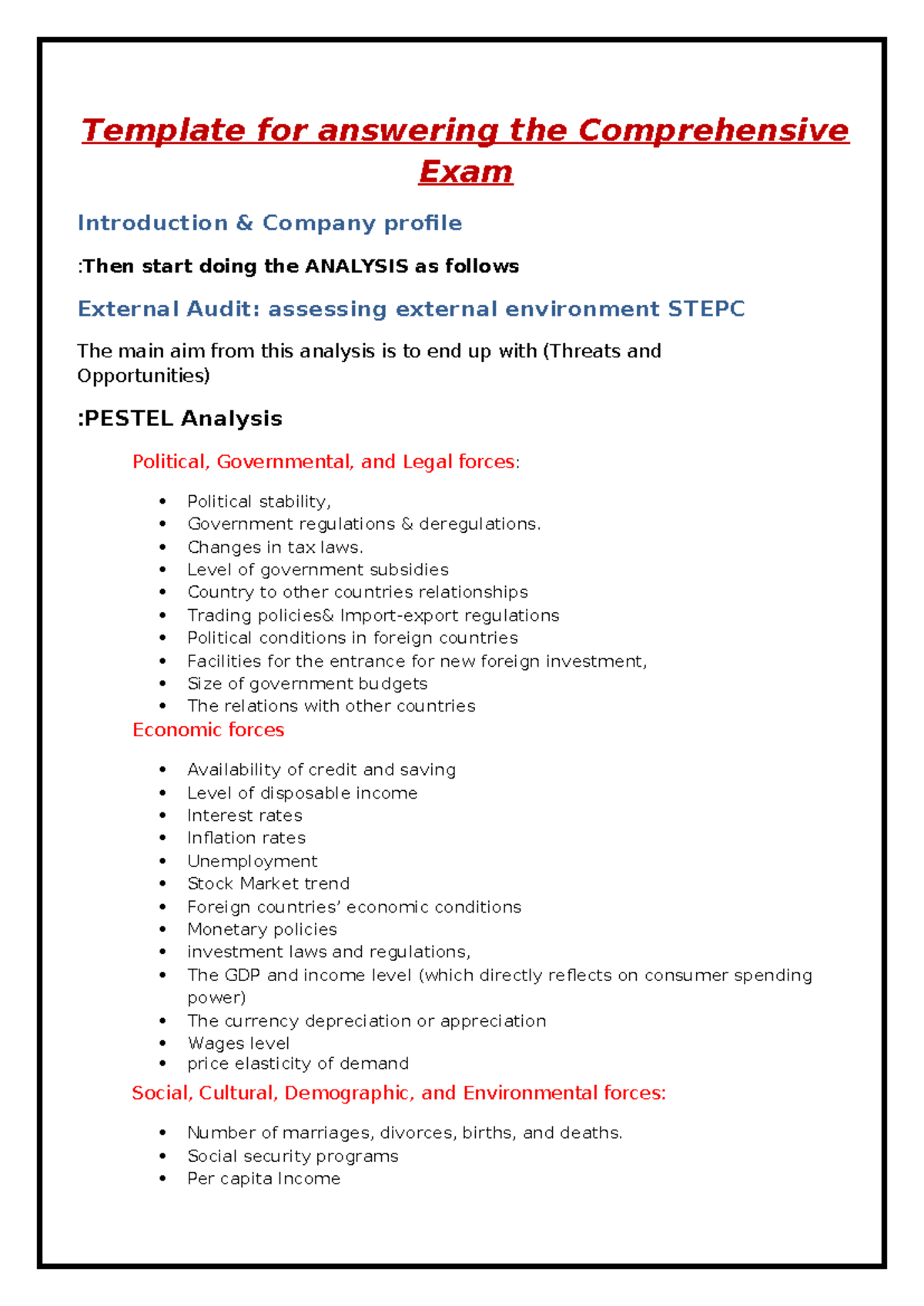 Comprehensive Exam Template: Company Profile & Strategic Analysis - Studocu