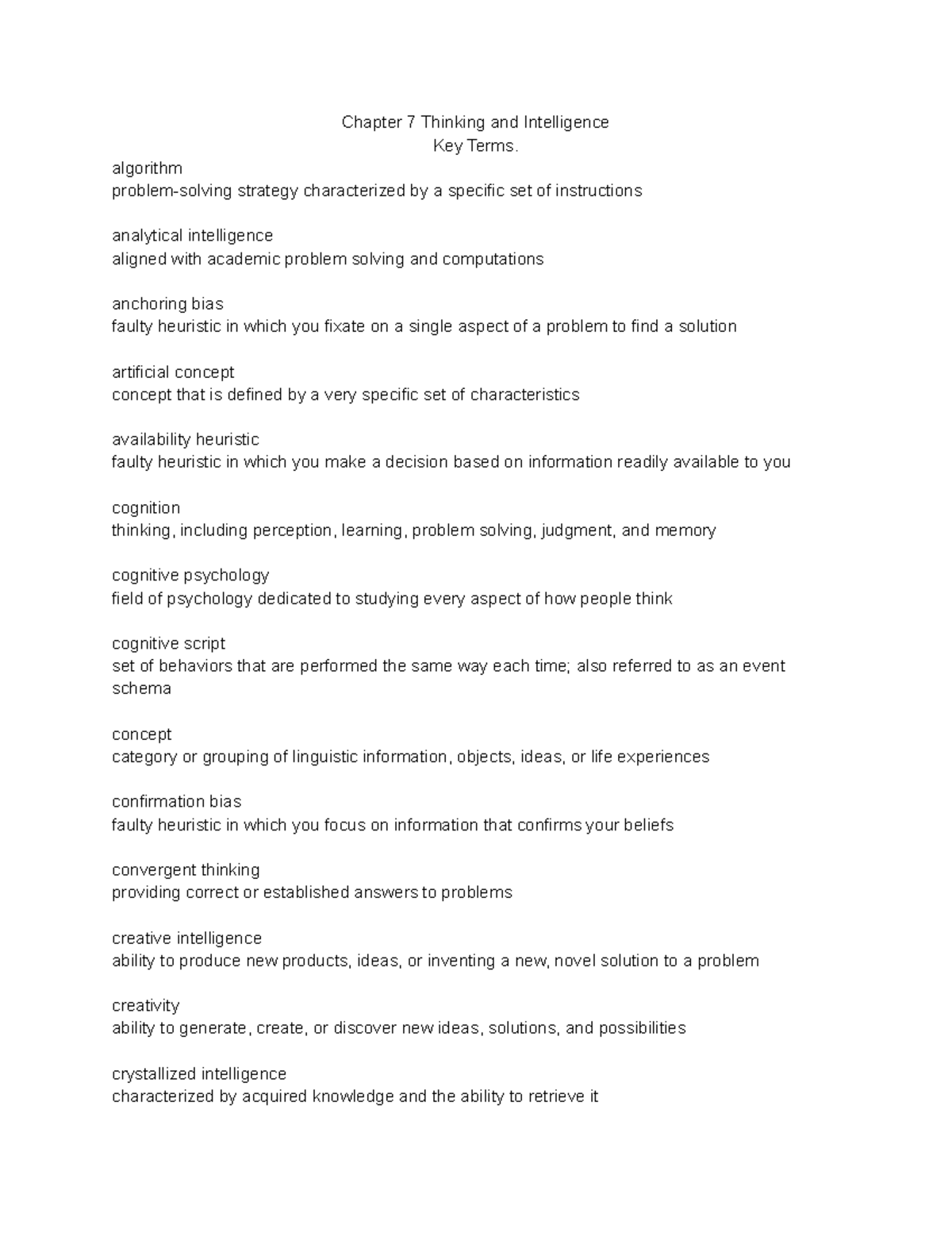 Chapter 7 Thinking and Intelligence Key terms - Chapter 7 Thinking and ...