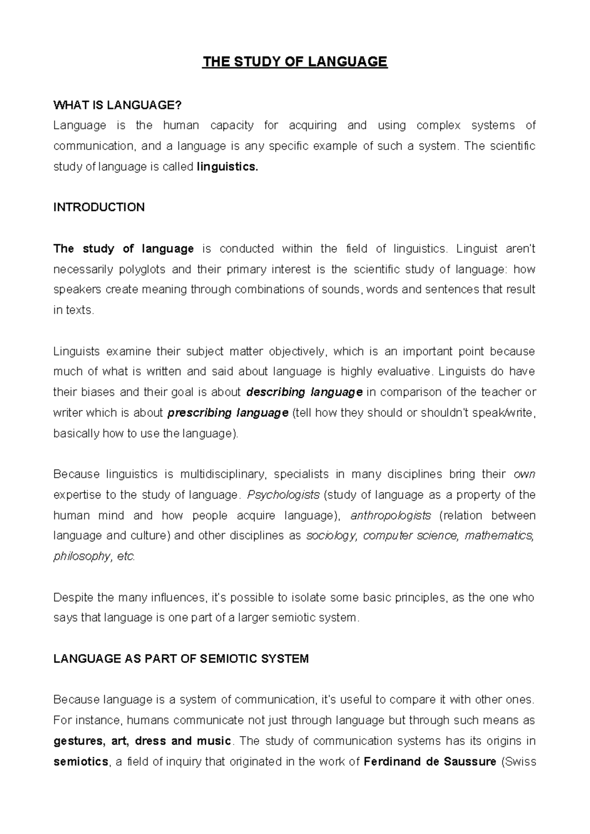 Linguistics I - Summary of Language Study and Theories - Studocu