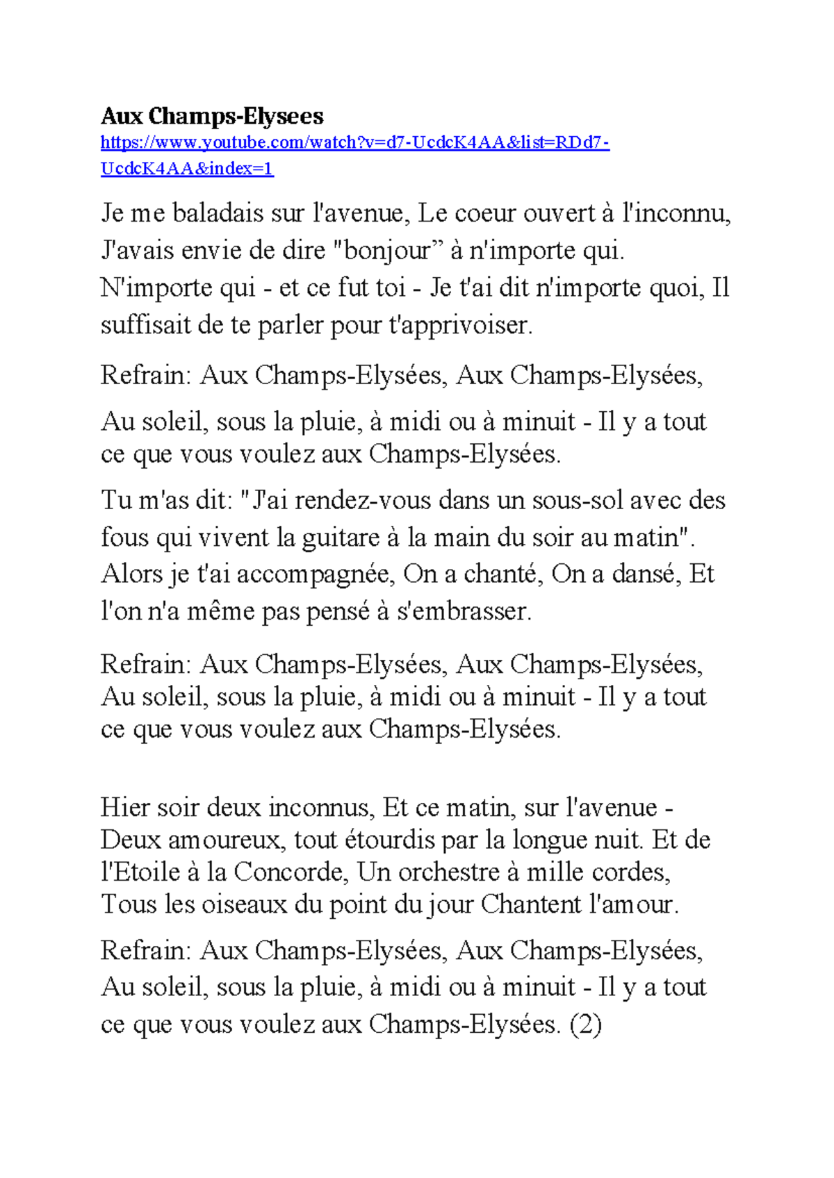 Aux Champs-Élysées: Song Lyrics Analysis and Interpretation - Studocu
