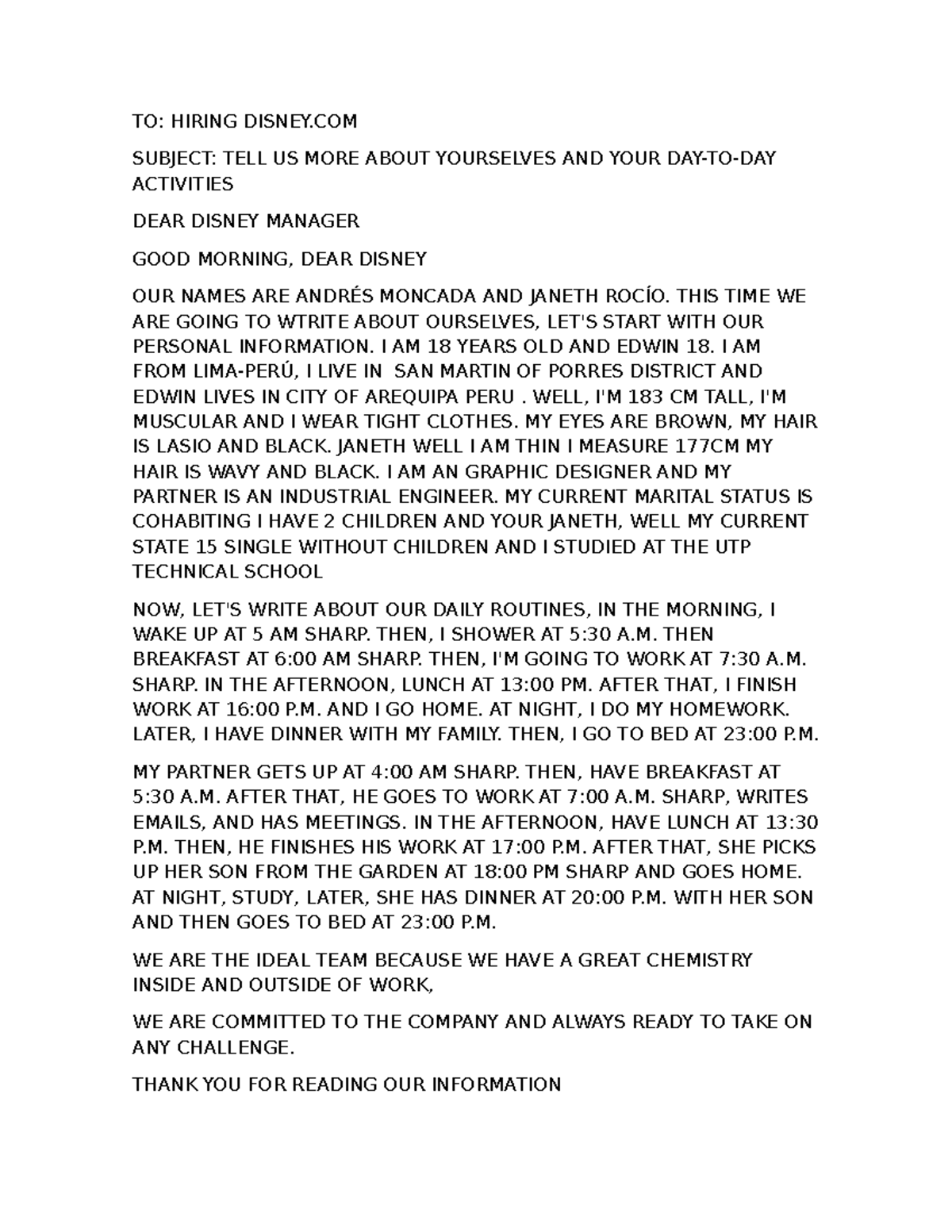Document for Disney - TO: HIRING DISNEY SUBJECT: TELL US MORE ABOUT ...