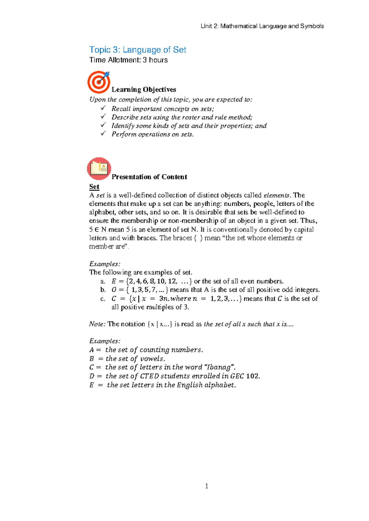 Unit 2G: Mathematical Language & Symbols - Sets Overview - Studocu