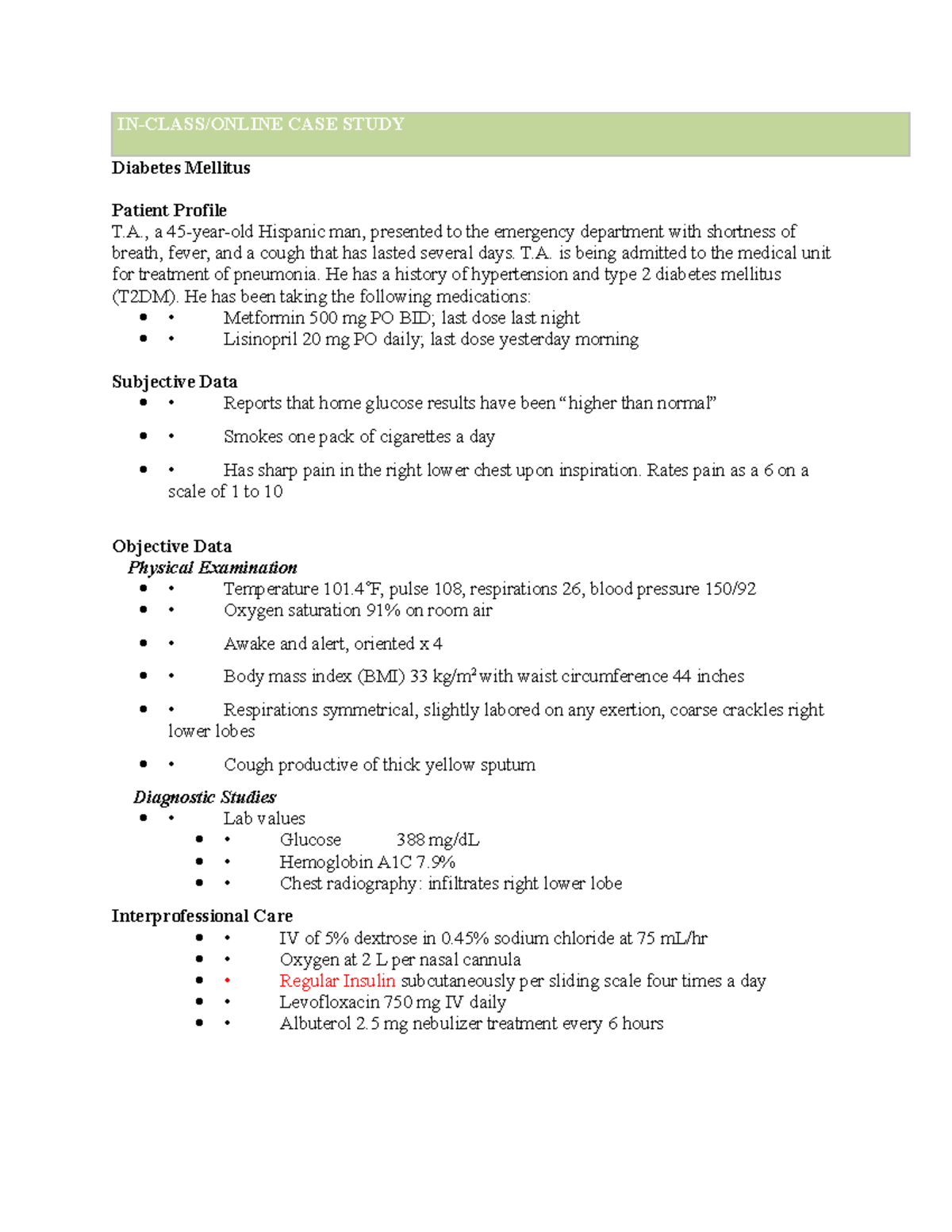Case Study 4: Diabetes Mellitus and Pneumonia Management Analysis - Studocu