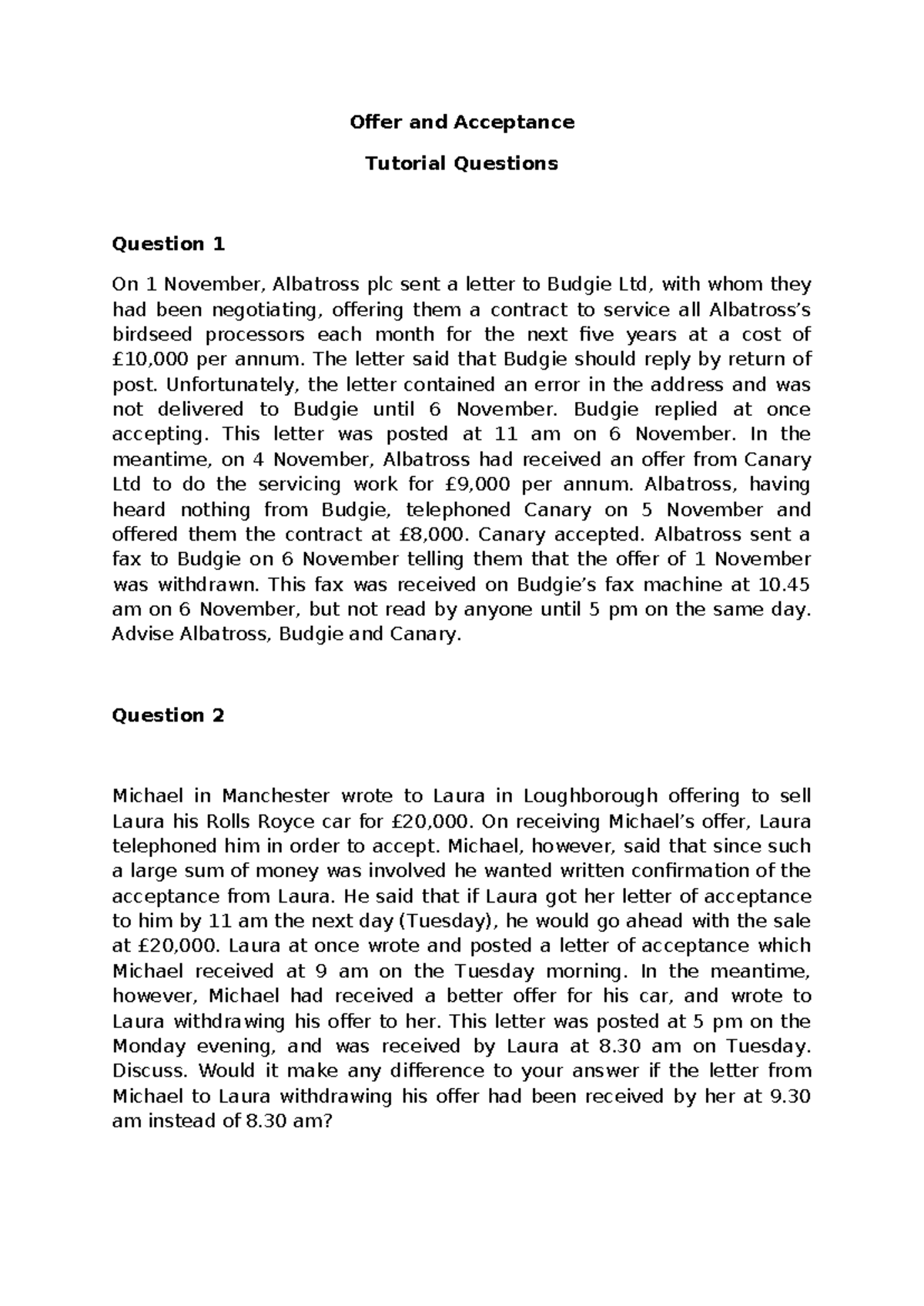 Offer and Acceptance Tutorial Q&A: Legal Analysis and Advice - Studocu