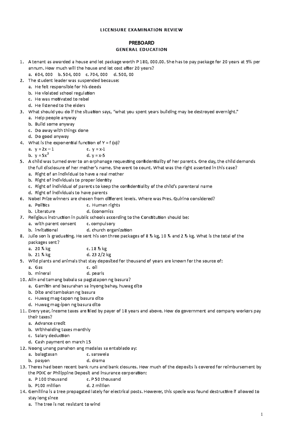 251474825 Preboard General Education Review Questions and Answers - Studocu