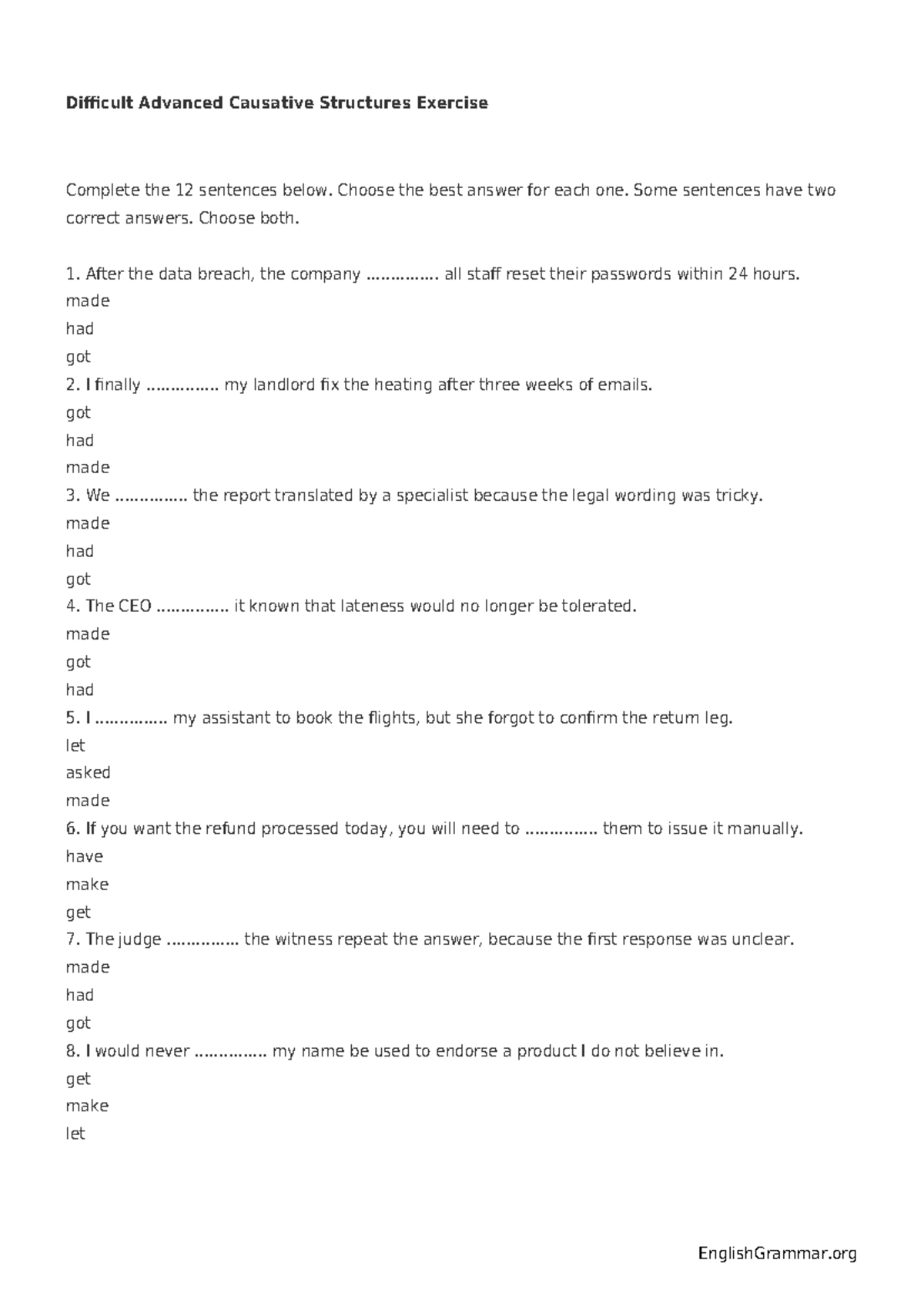 Difficult Advanced Causative Structures Exercise (ENG 101) - Studocu