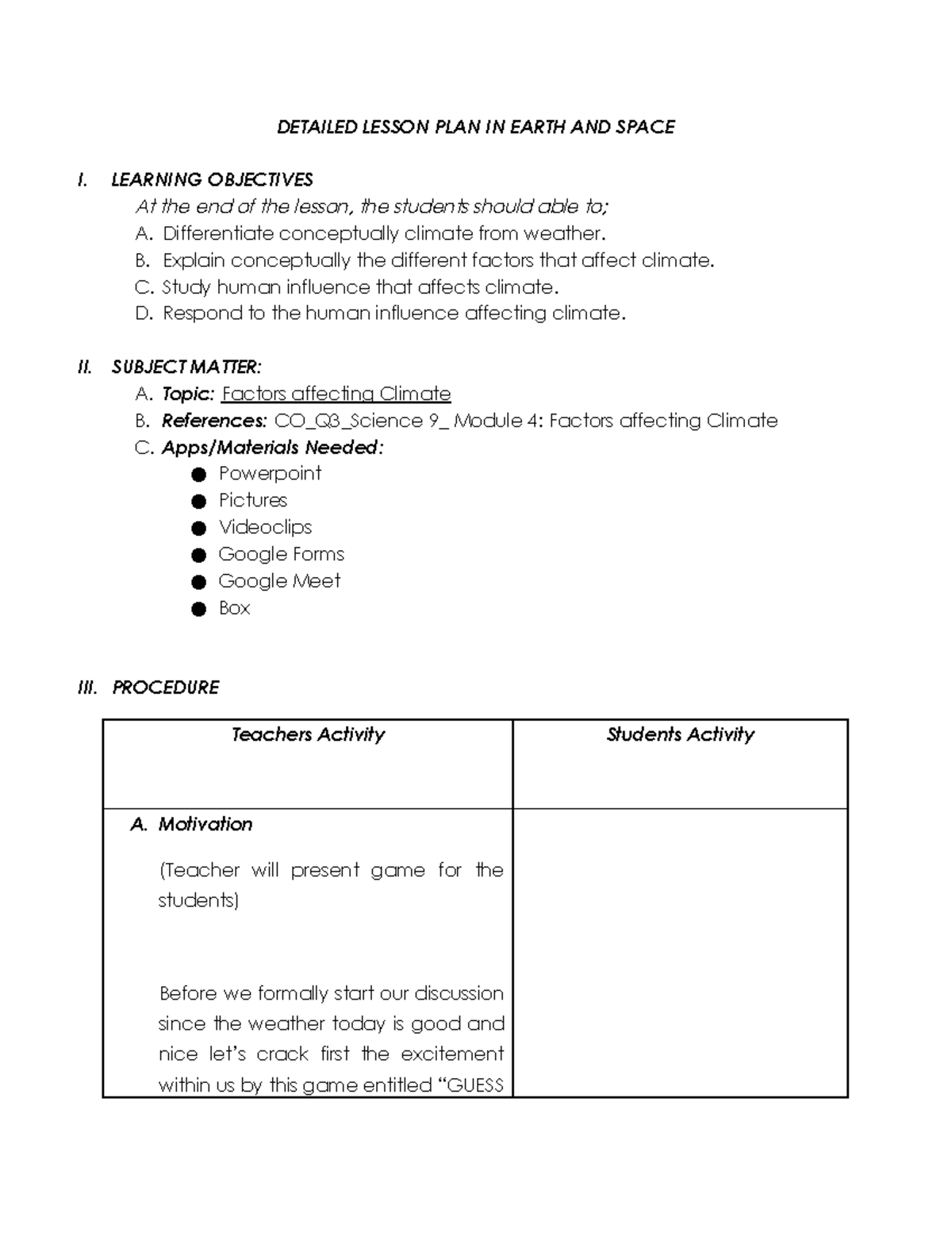 Factors Influencing Climate: Detailed Lesson Plan for Earth & Space ...