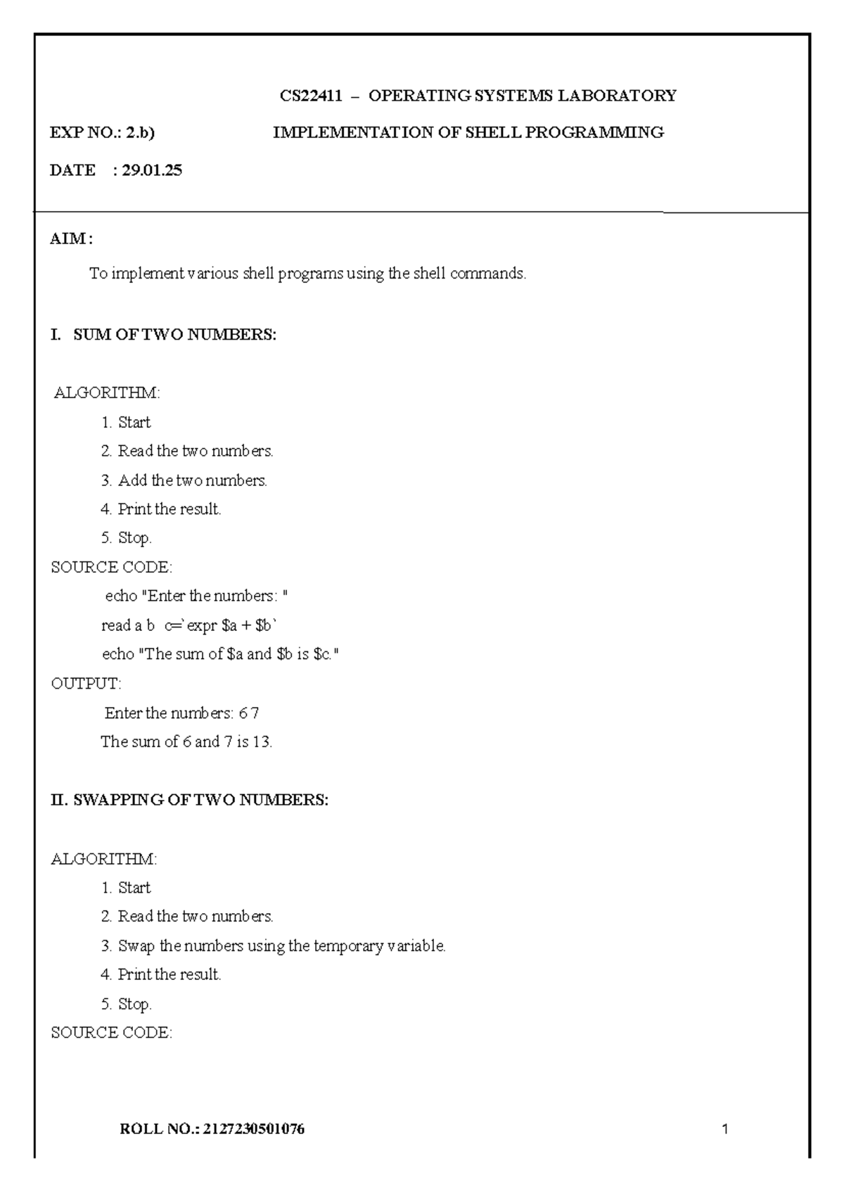 CS22411 Operating Systems Lab: Shell Programming Implementation - Studocu