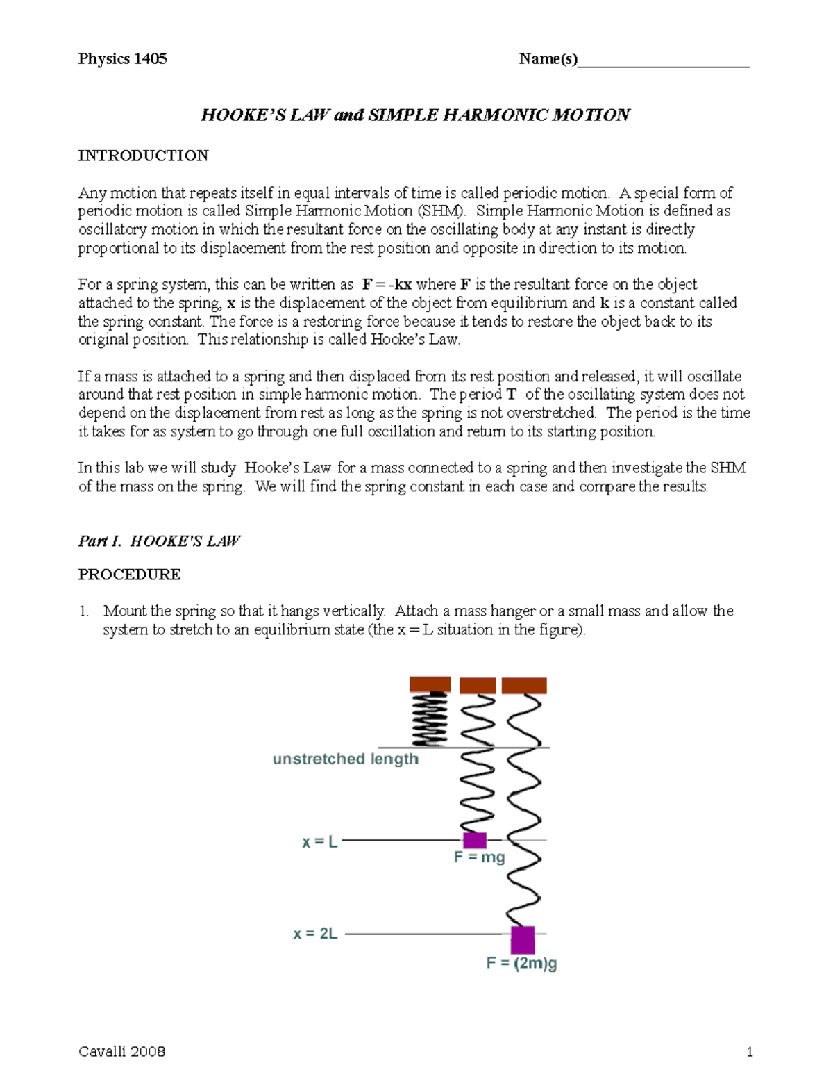 Physics 1405 Lab: Hooke's Law & Simple Harmonic Motion Study Guide ...