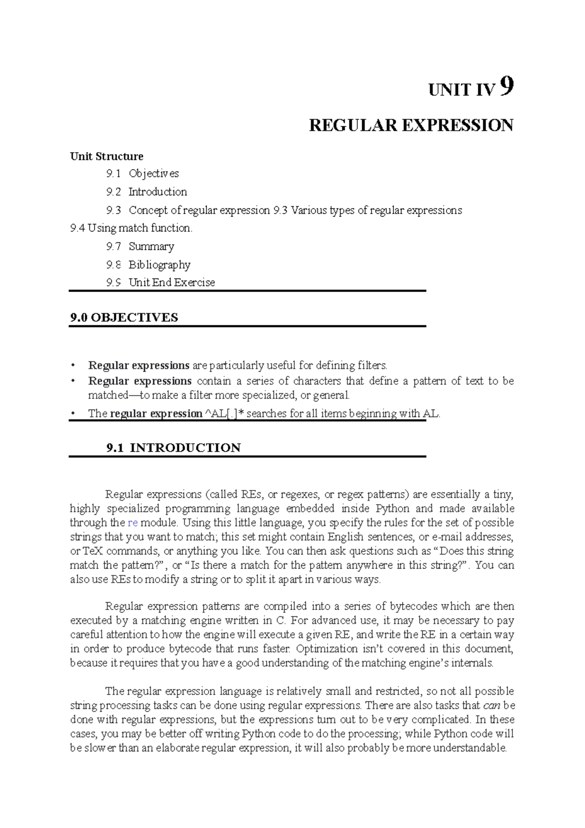 2 - notes - UNIT IV 9 REGULAR EXPRESSION Unit Structure 9 Objectives 9 ...