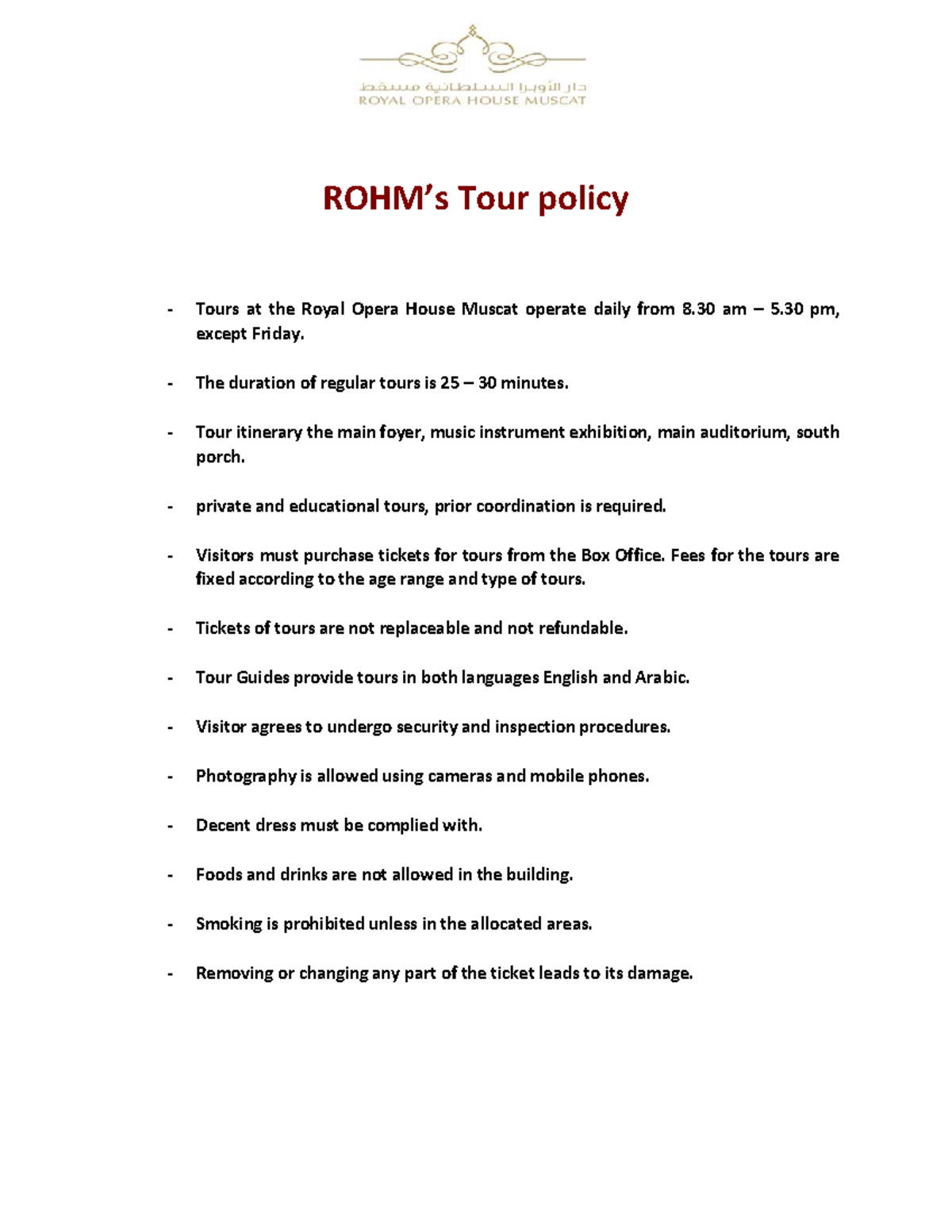 New Tour Policy for Royal Opera House Muscat Tours - Studocu