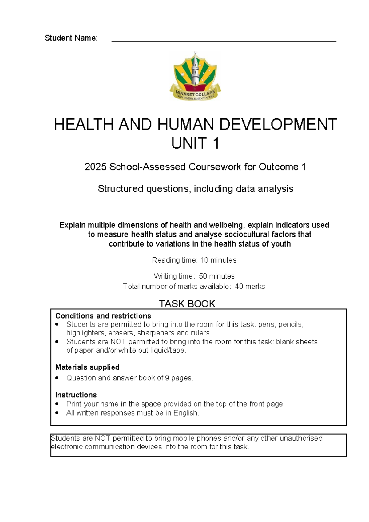2025 VCE HHD Unit 1 Outcome 1 SAC Questions & Analysis - Document Preview