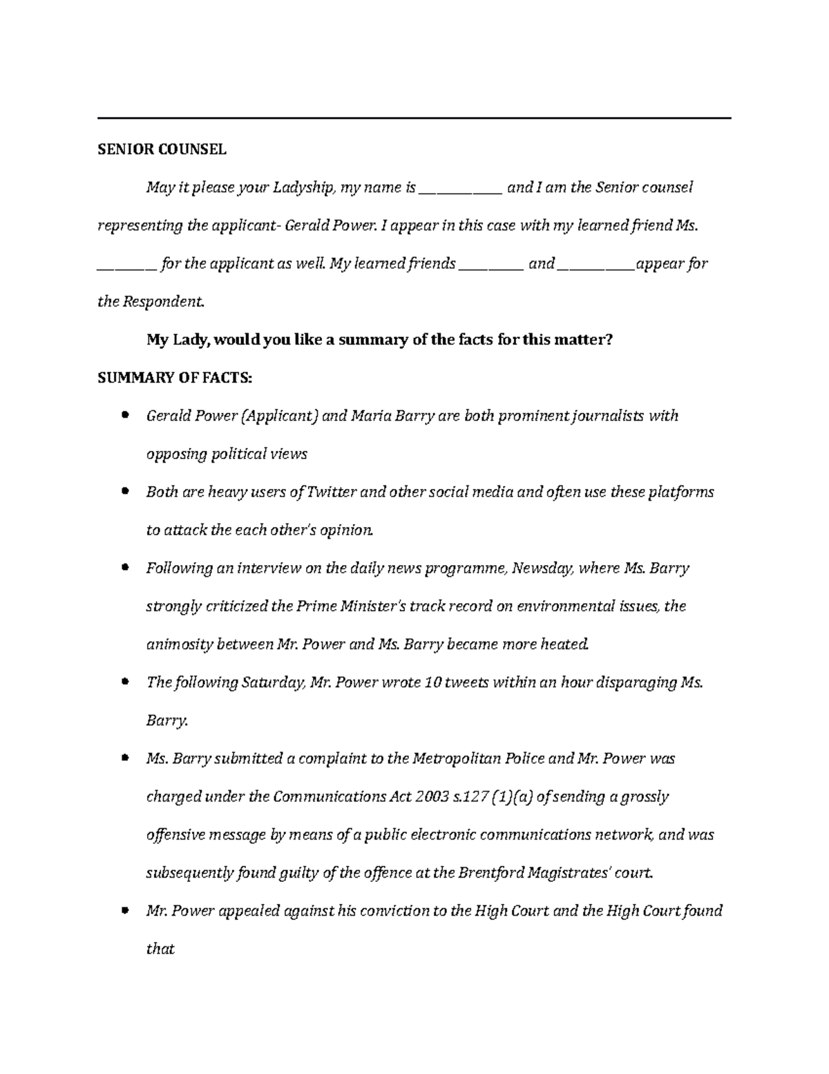 Senior Counsel's Script for Moot Appeal Case: Gerald Power vs. Maria ...