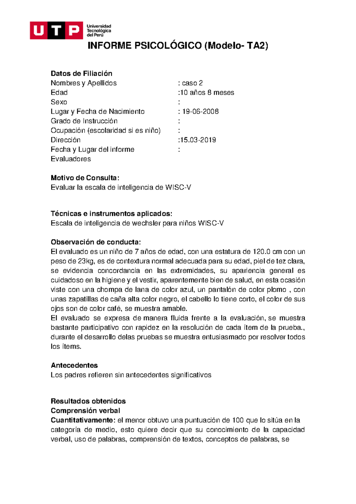 Informe Psicológico Modelo TA2 - Evaluación WISC-V - Studocu