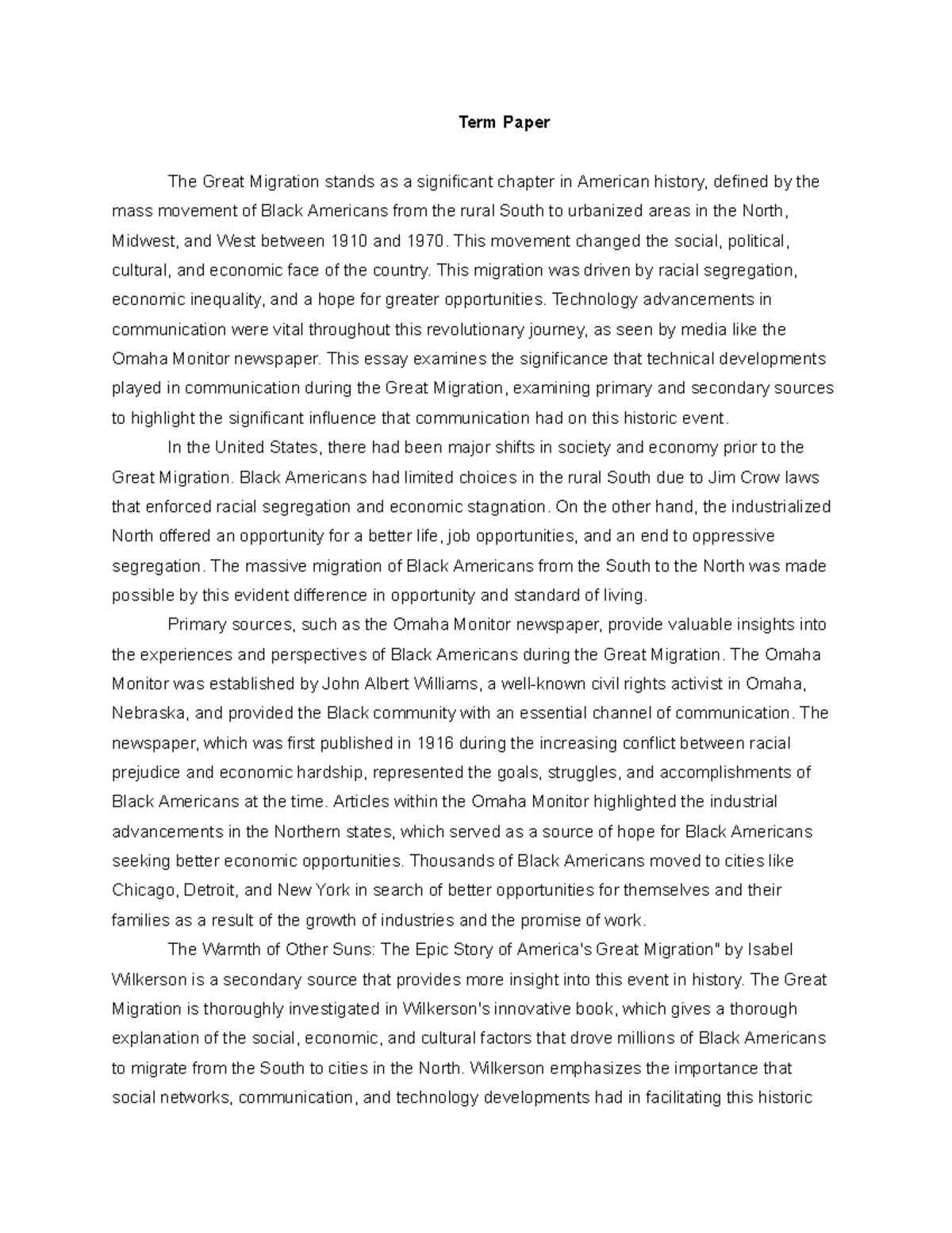 HIST 1302 Term Paper: Examining Communication in the Great Migration ...