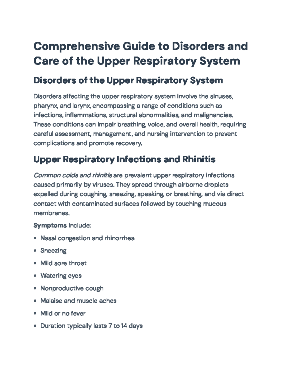 Comprehensive Nursing Care for Upper Respiratory Disorders (NUR 301 ...