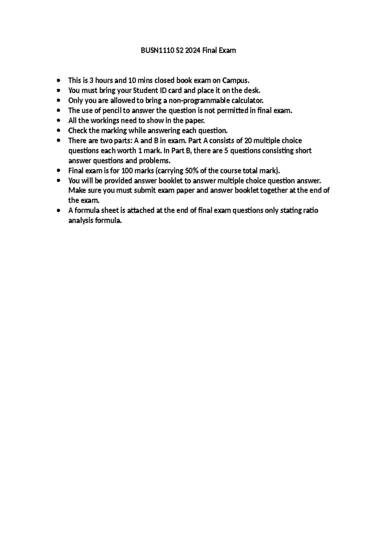 BUSN1110 S2 2024 Final Exam Guidelines and Preparation Notes - Studocu