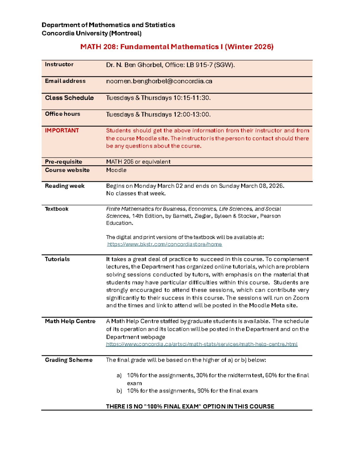MATH 208 Winter 2026 Course Outline and Important Information - Studocu