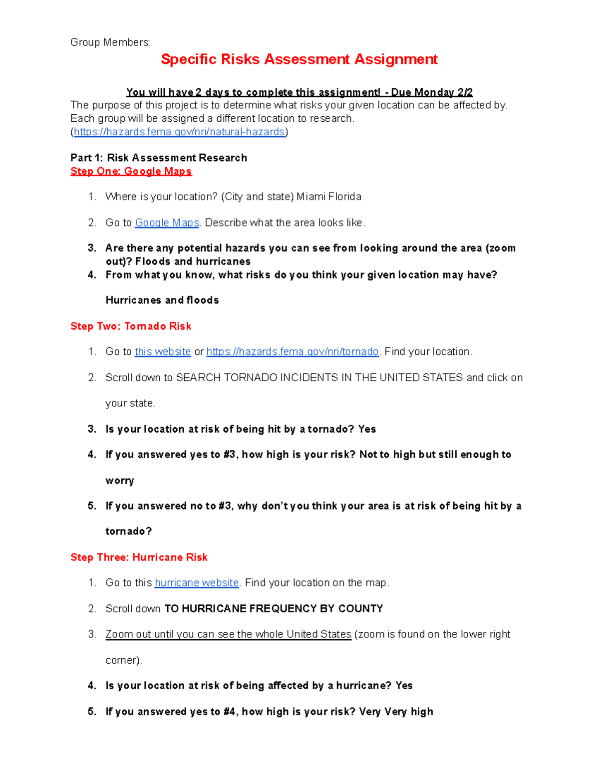 Group Members: Risk Assessment for Miami, FL Assignment - Studocu