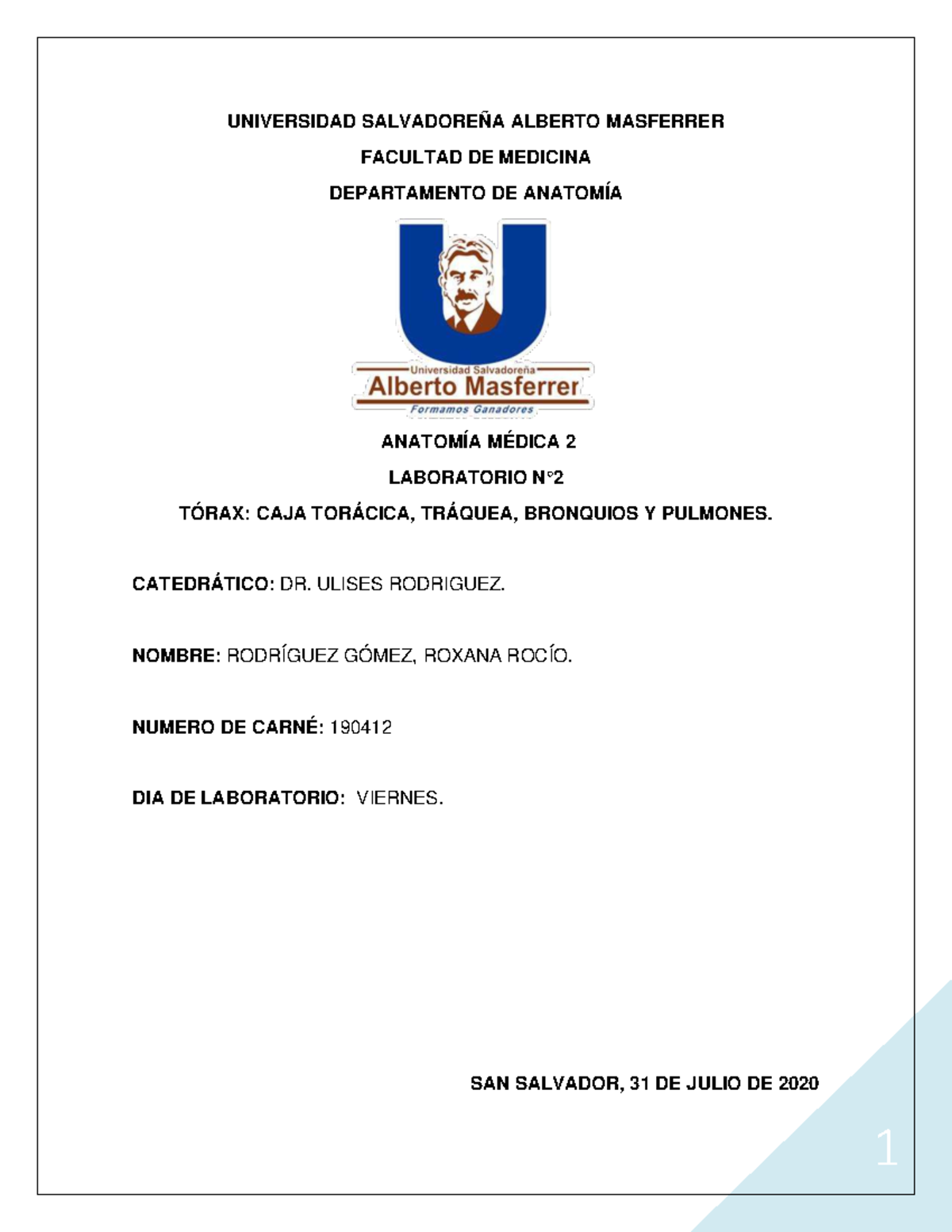 Laboratorio N2: Anatomía del Tórax y Estructuras Pulmonares - Document Preview