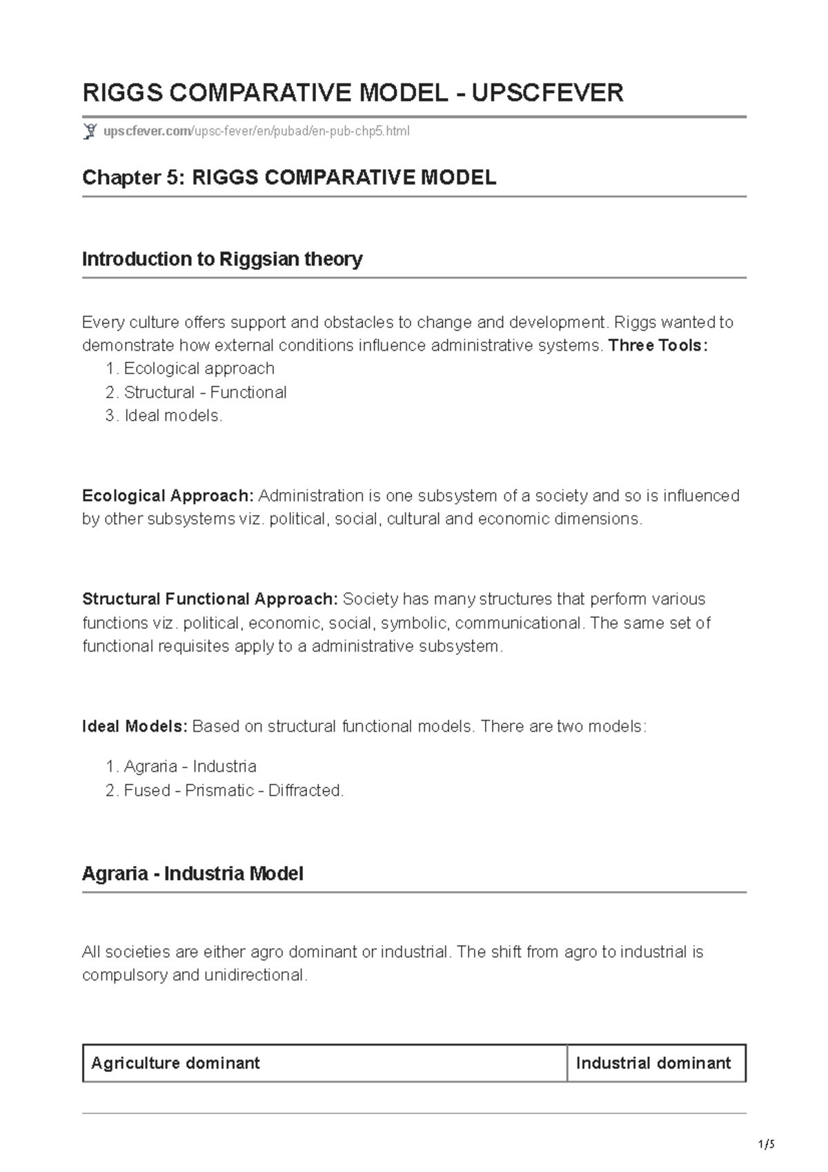 Riggs Comparative Model Analysis - UPSCFEVER Chapter 5 Notes - Studocu