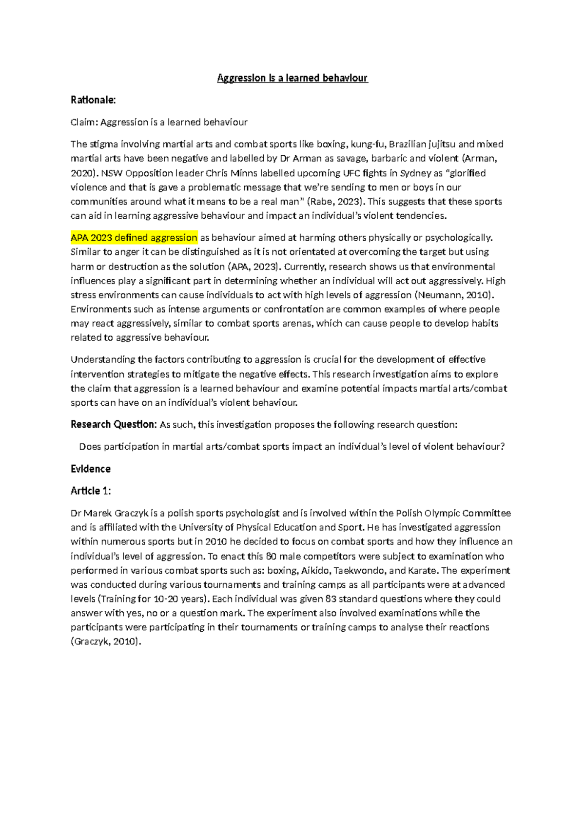 Aggression as a Learned Behavior: Insights from Combat Sports IA3 Final ...