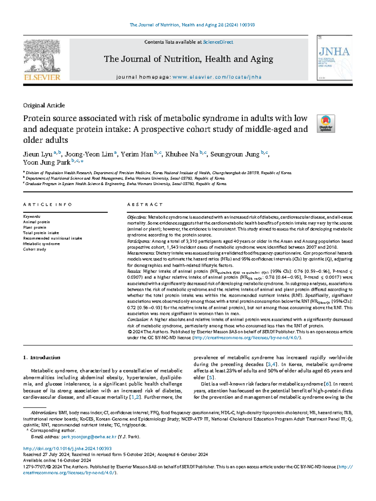 Protein Source and the Risk of Metabolic Syndrome in Middle-Aged Adults ...