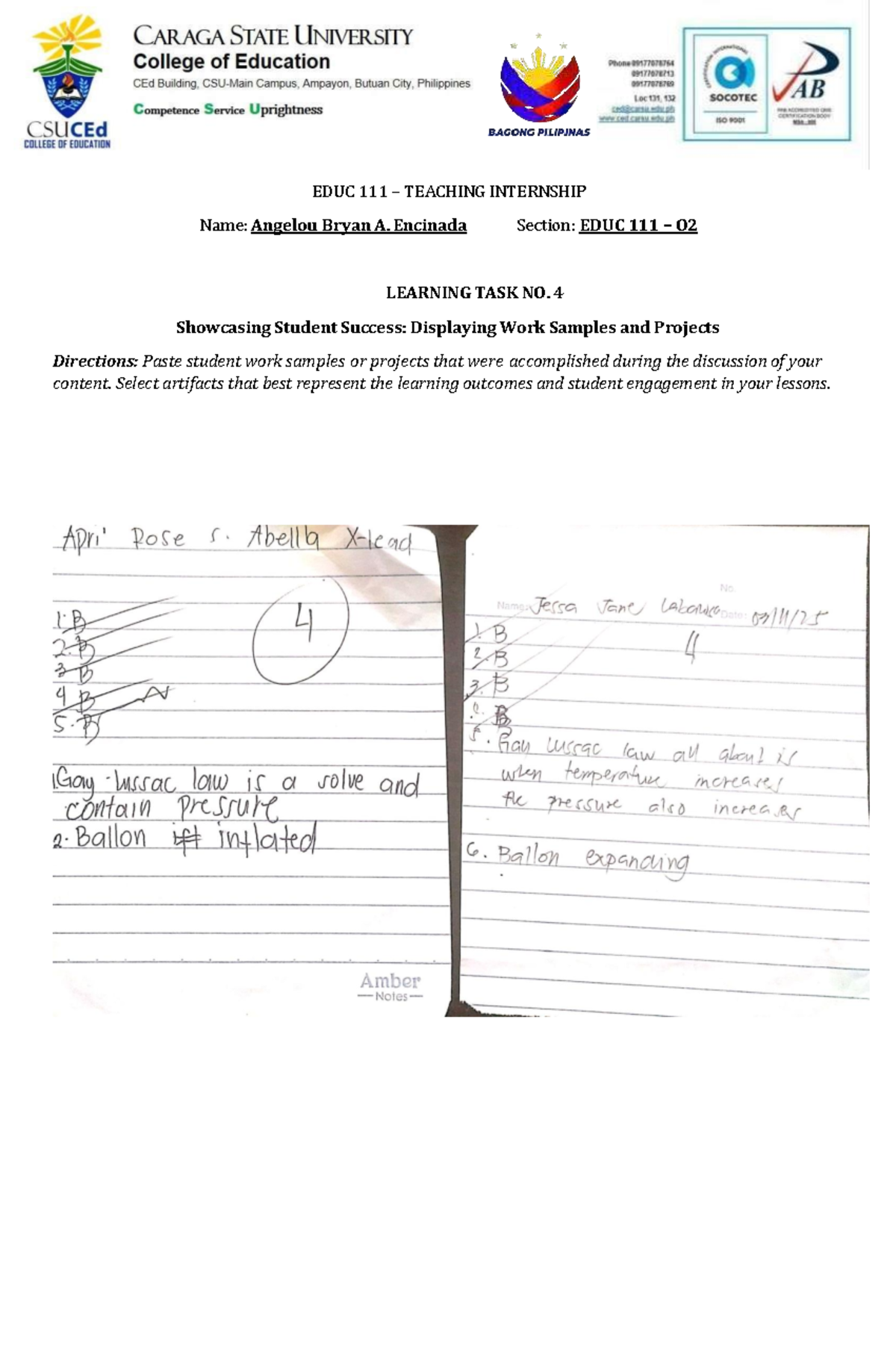 EDUC O2 Teaching Internship: Learning Task No. 4 Artifacts Showcase ...