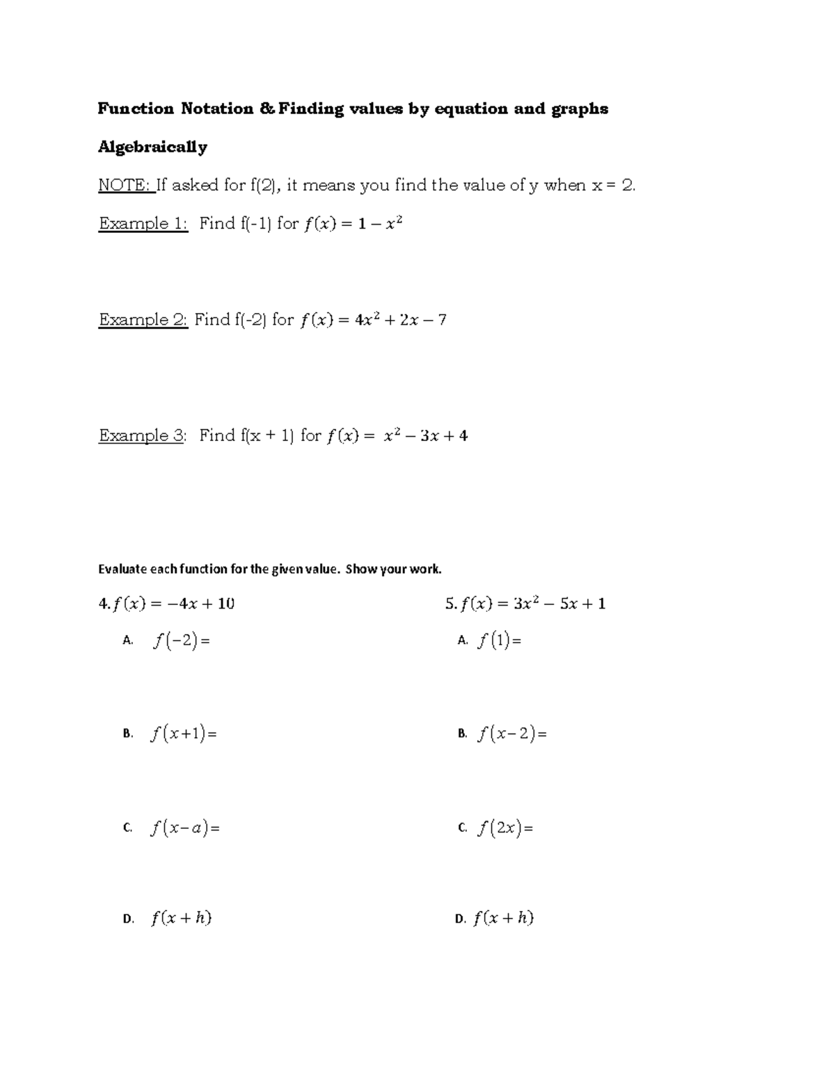 Math 101: Function Notation & Value Evaluation Notes - Studocu