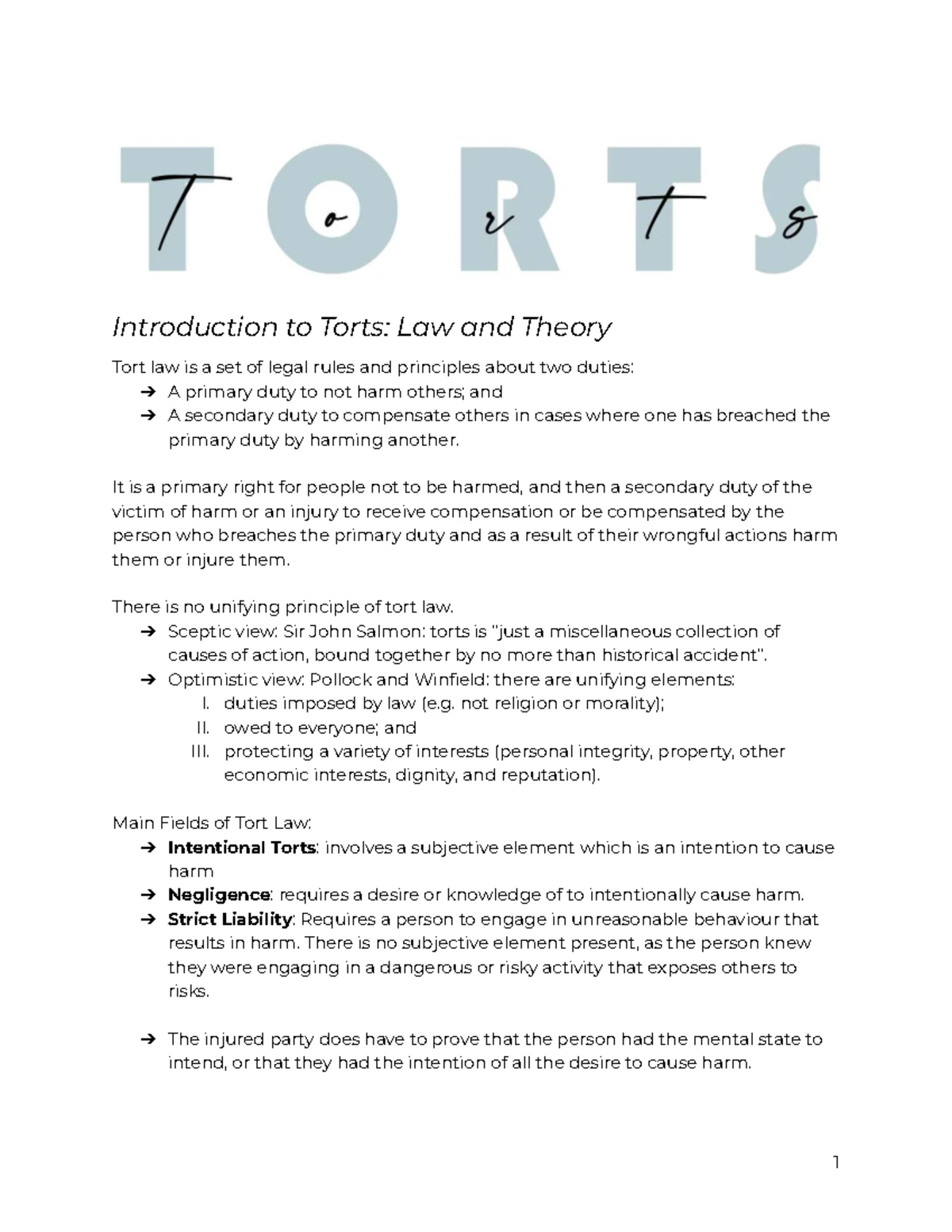 TORT LAW NOTES: Trespass to Person Overview and Key Cases - Studocu