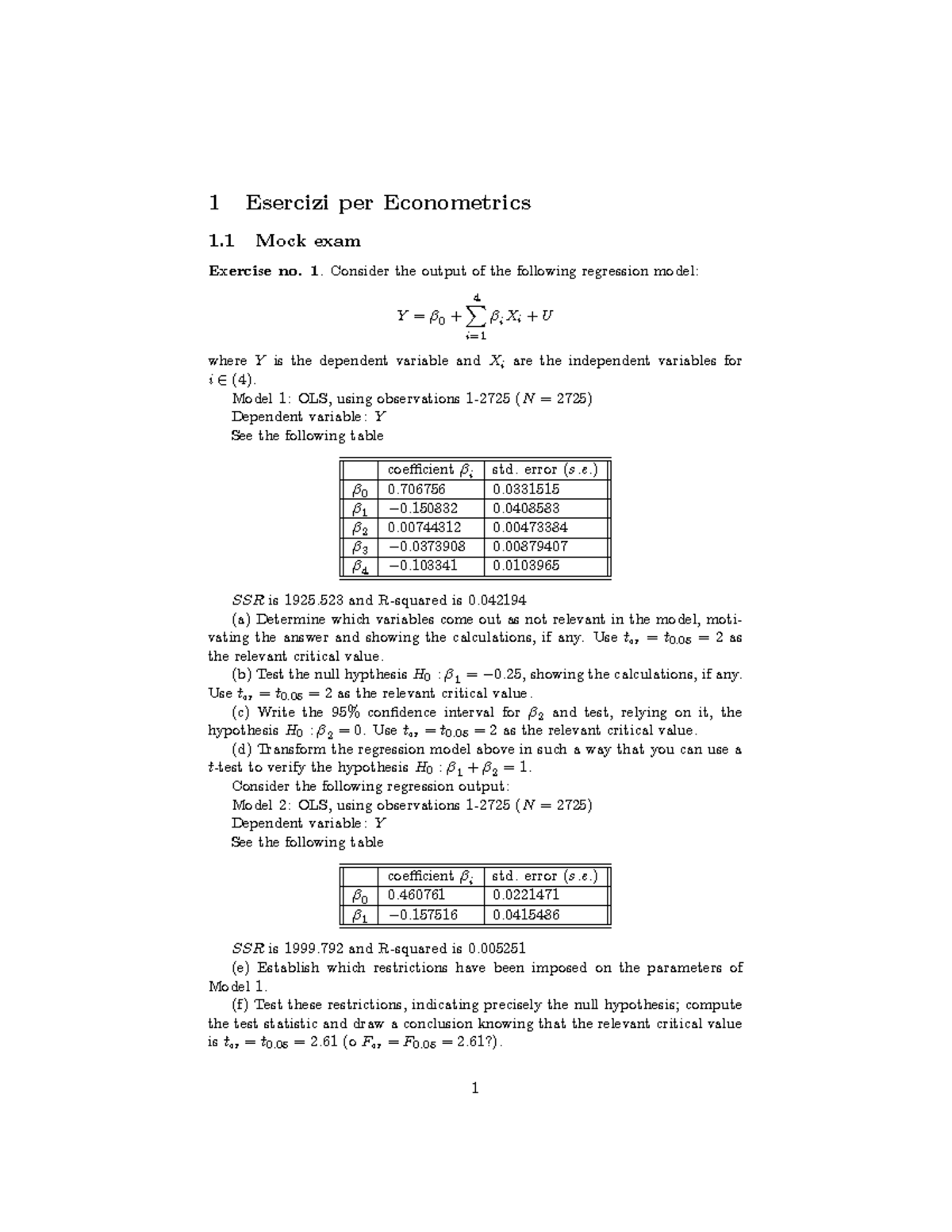 Mock Exam - Econometrics 2019: Practice Questions and Exercises - Studocu