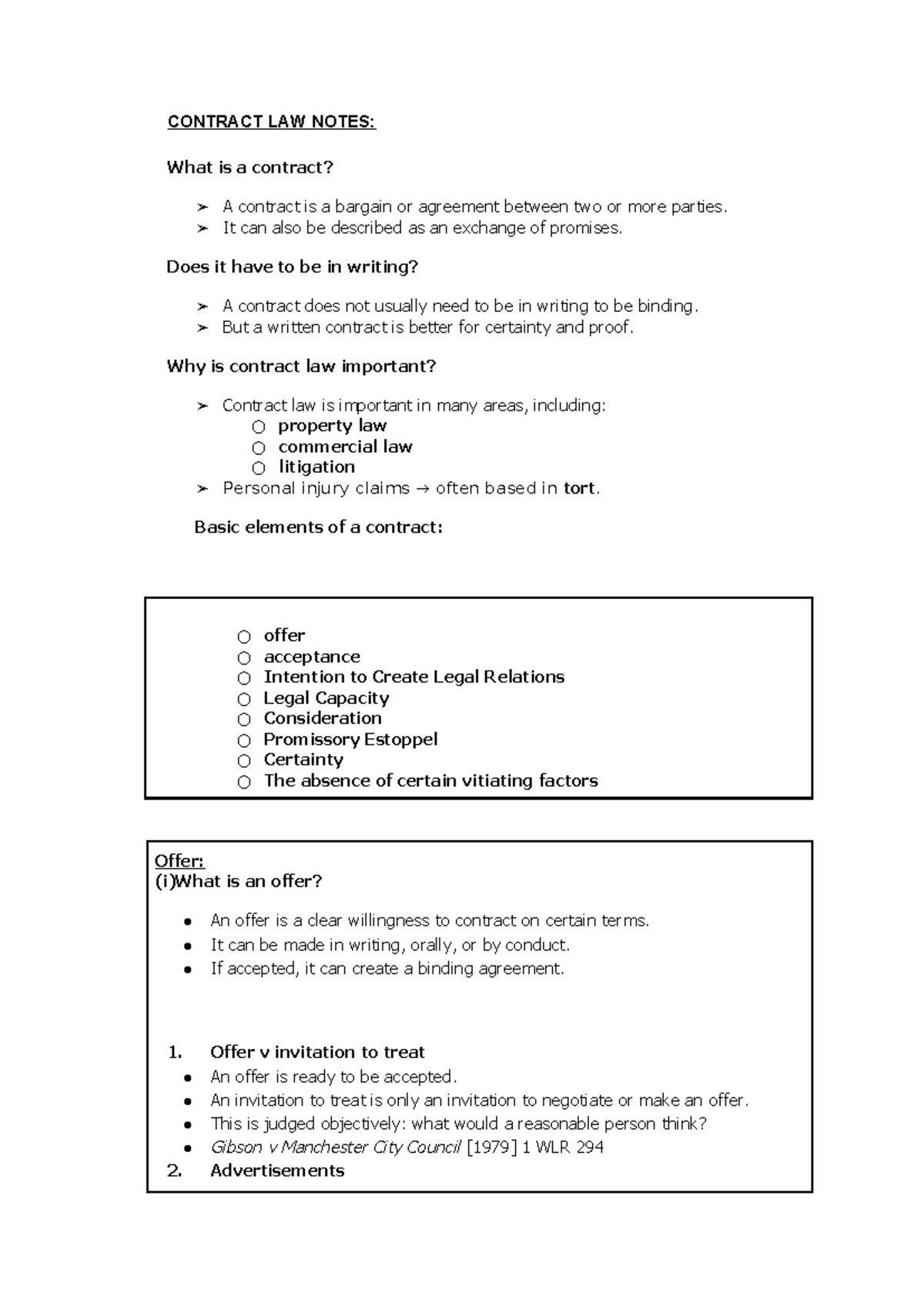 CONTRACT LAW NOTES: Understanding the Basics and Key Concepts - Studocu