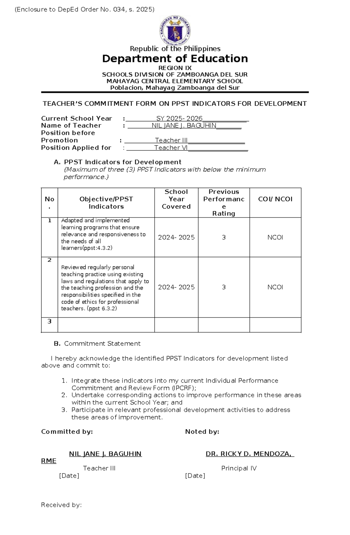 Teachers Commitment Form on PPST Indicators for Development (SY 2025 ...
