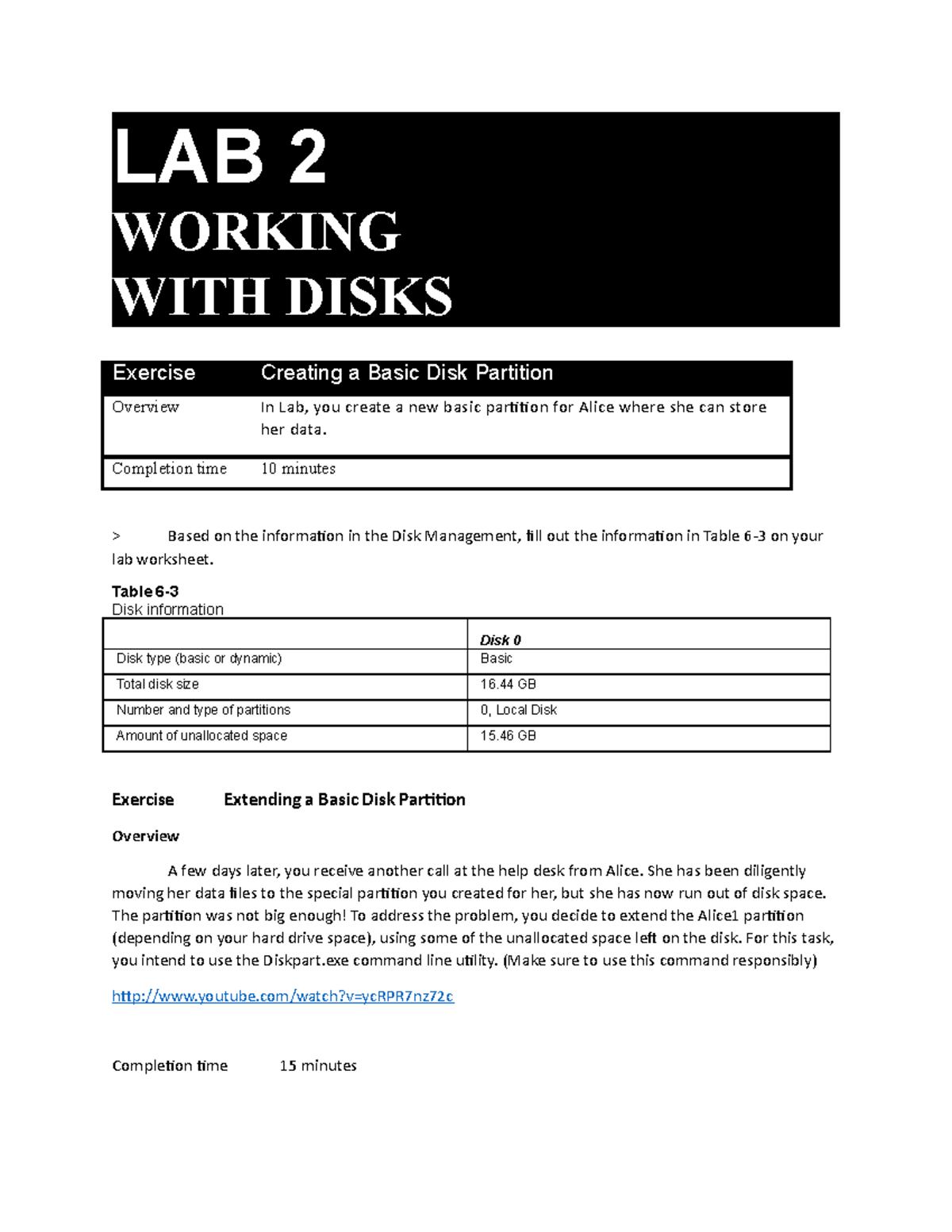 Lab 2 - Working with Basic Disks and Partition Management - Studocu