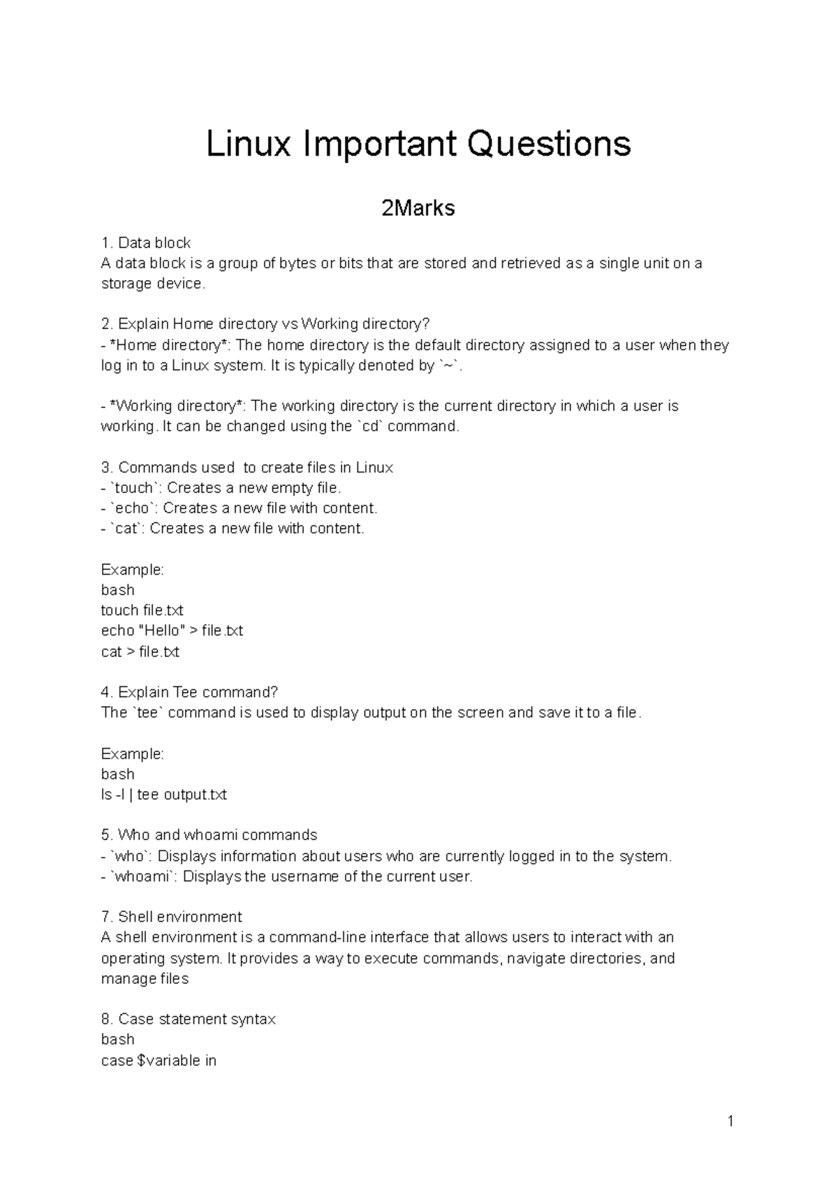 Linux Important Questions for 2 Marks - Key Concepts and Commands - Studocu