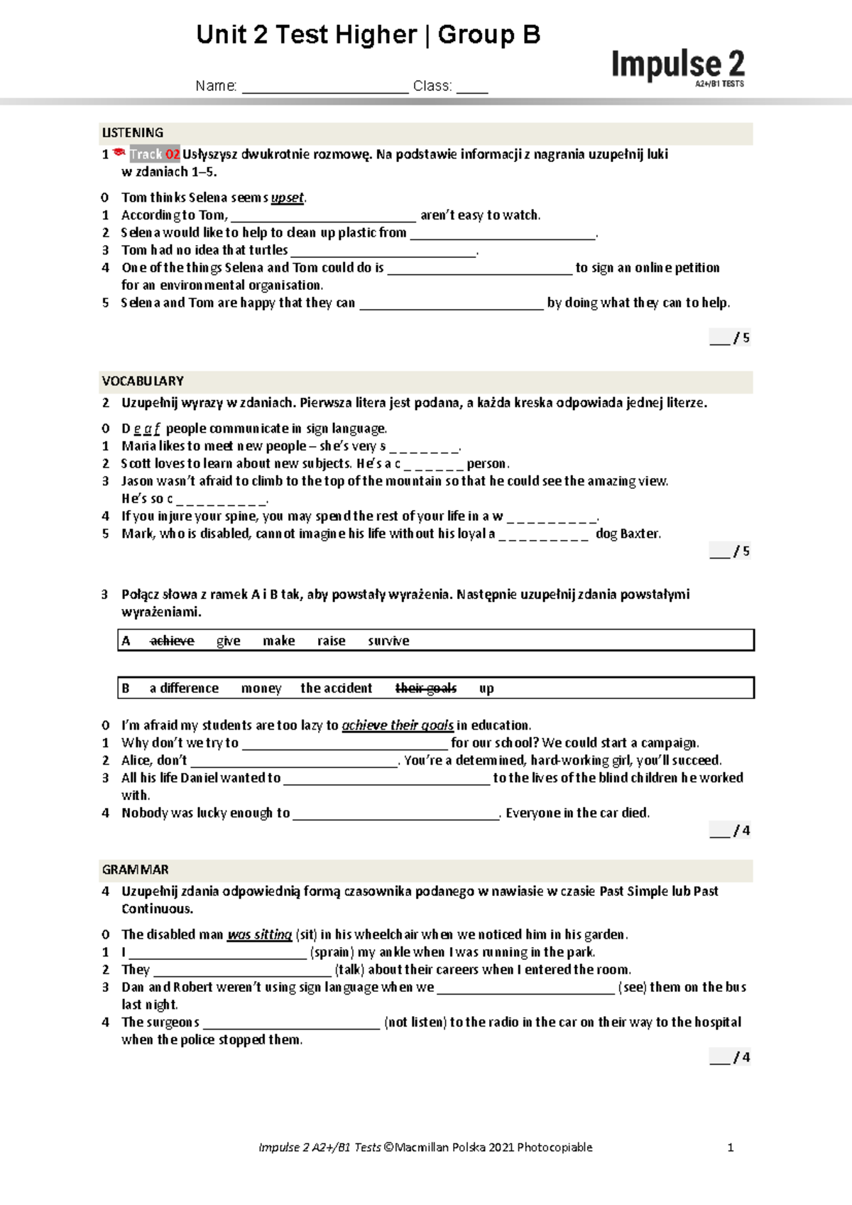 Unit 2 Test Higher B - Na podstawie informacji z nagrania uzupełnij ...